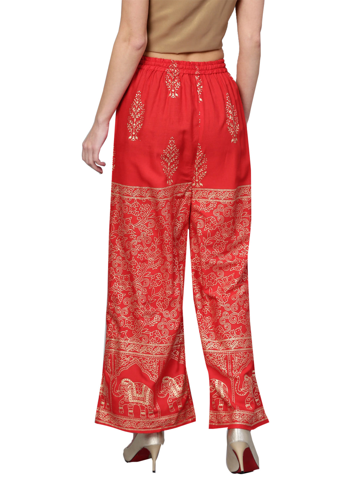 Ishin Women's Rayon Red Foil Printed Palazzo