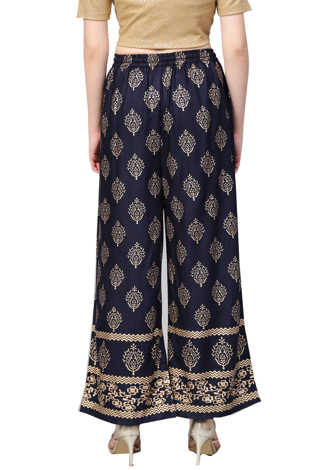 Ishin Women's Rayon Navy Blue Foil Printed Palazzo