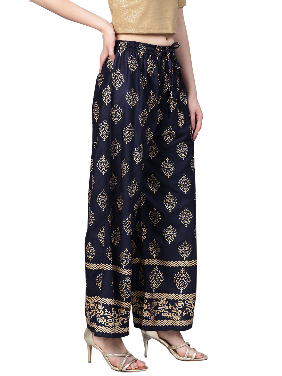 Ishin Women's Rayon Navy Blue Foil Printed Palazzo