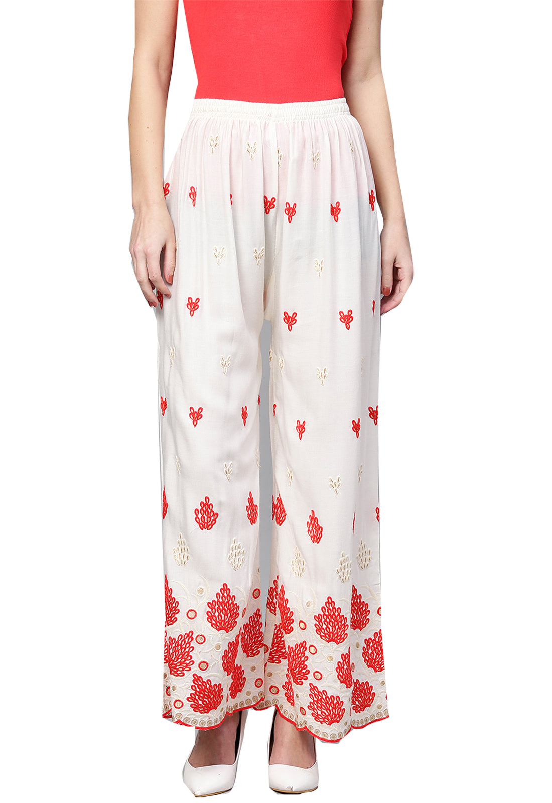 Ishin Women's Rayon Off White & Pink Embroidered Palazzo