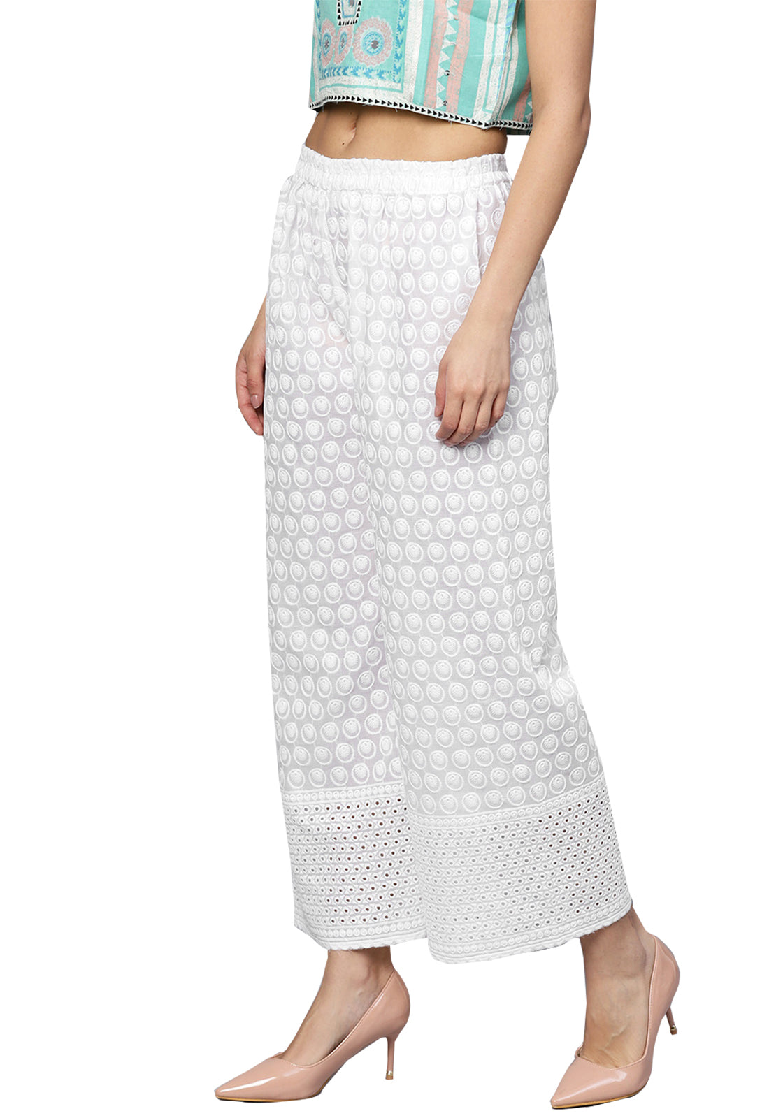 Ishin Women's Rayon White Chikankari Embroidered Palazzo