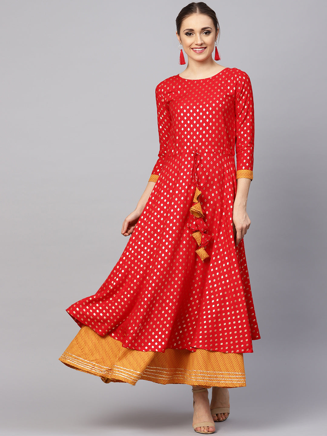 Ishin Women's Red & Mustard Printed Anarkali Kurta Skirt Set