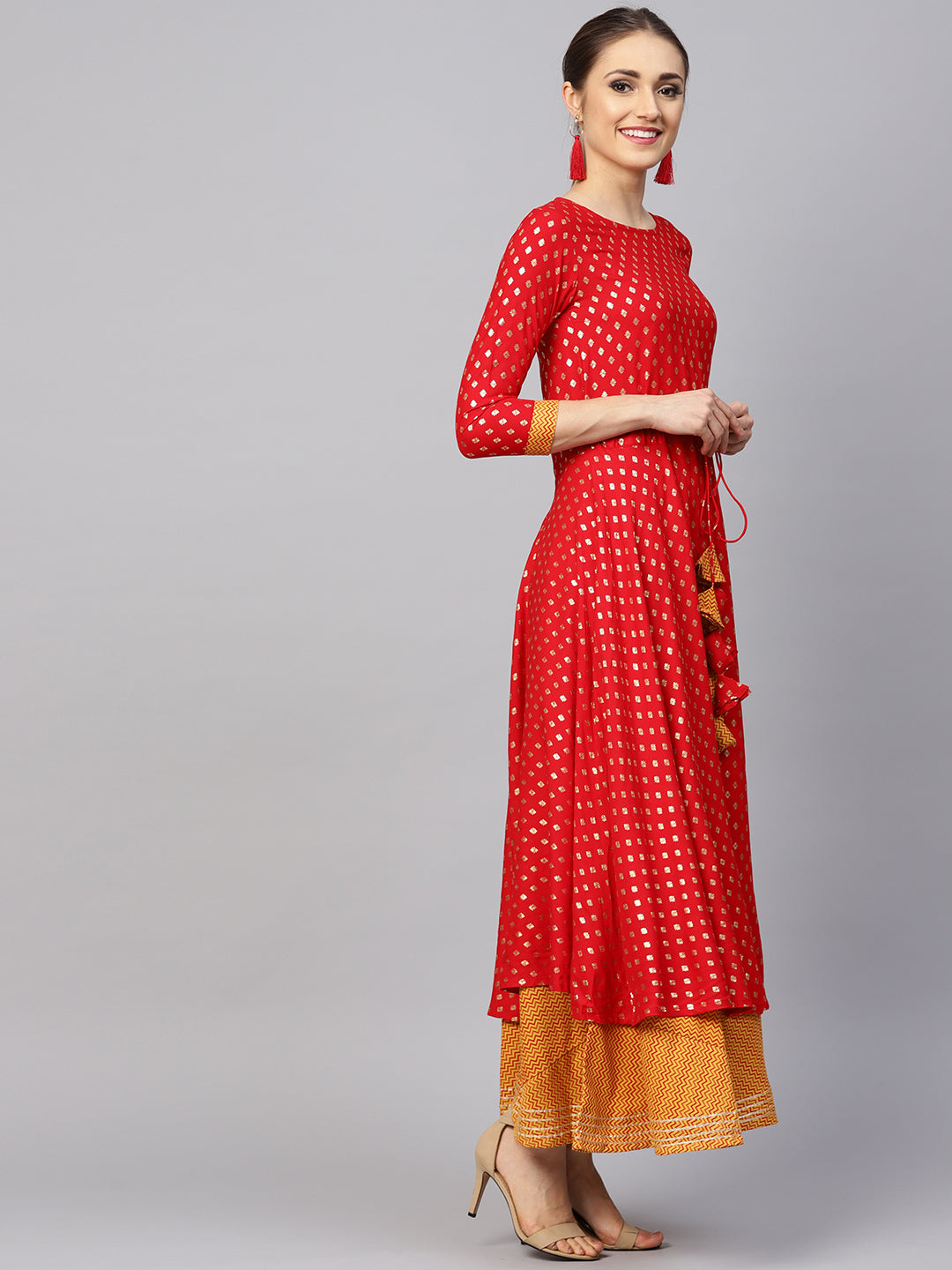 Ishin Women's Red & Mustard Printed Anarkali Kurta Skirt Set