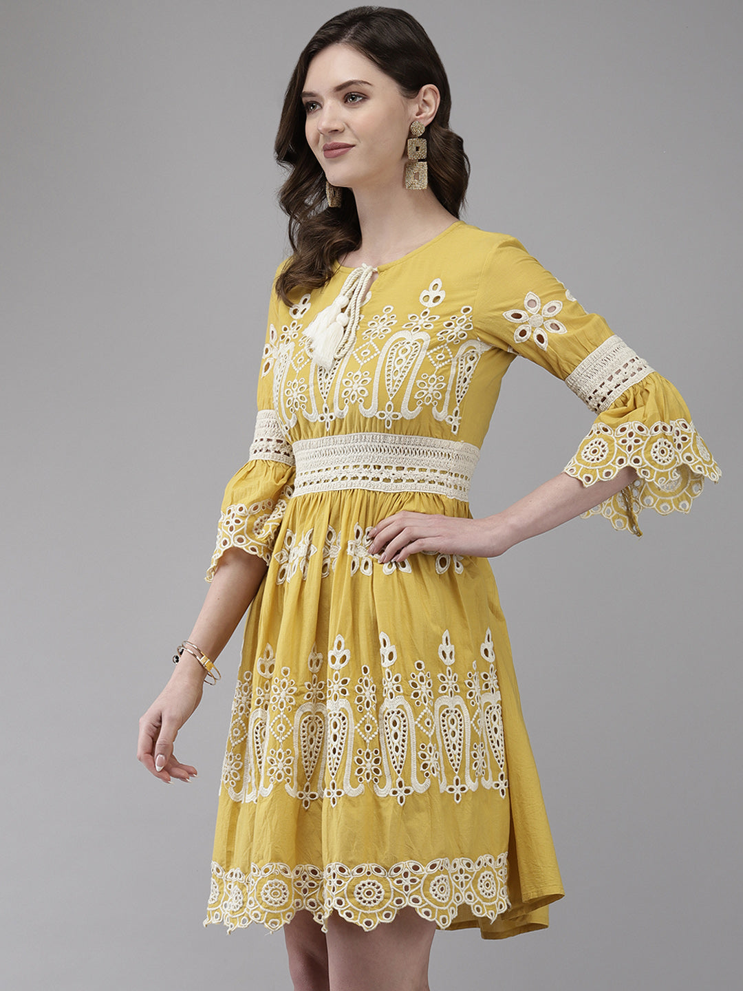 Ishin Women's Cotton Mustard Schiffli Embroidered A-Line Dress