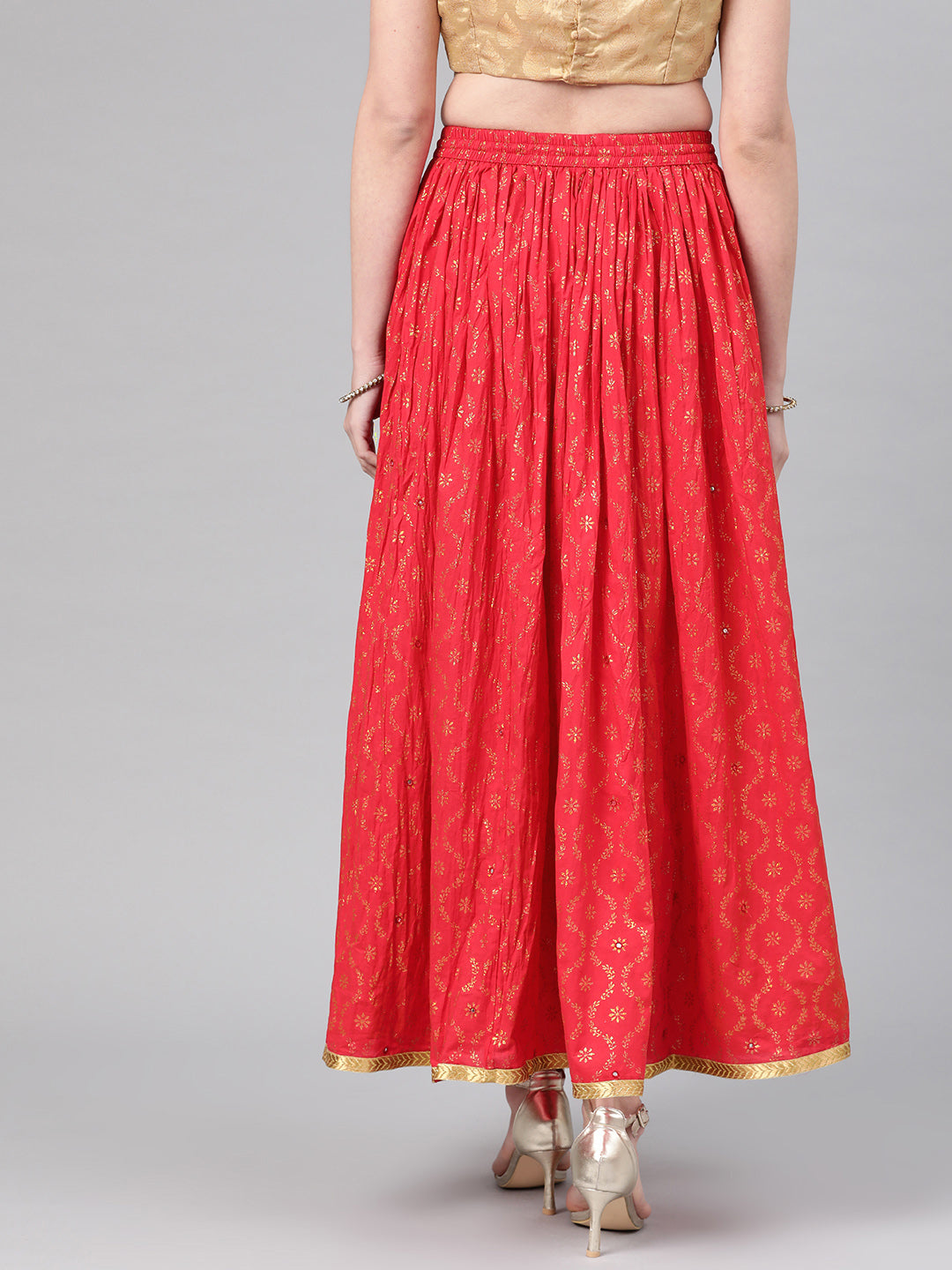 Ishin Women's Cotton Red Embellished Flared Skirt