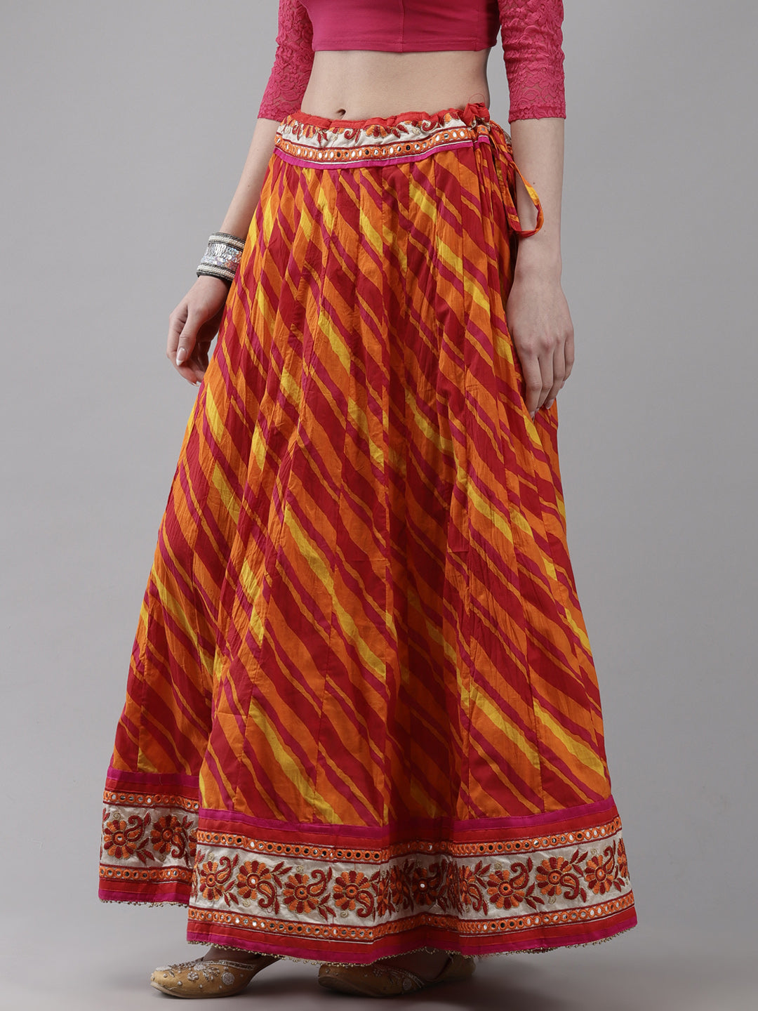 Ishin Women's Cotton Orange Embroidered Tie & Dye Flared Maxi Skirt