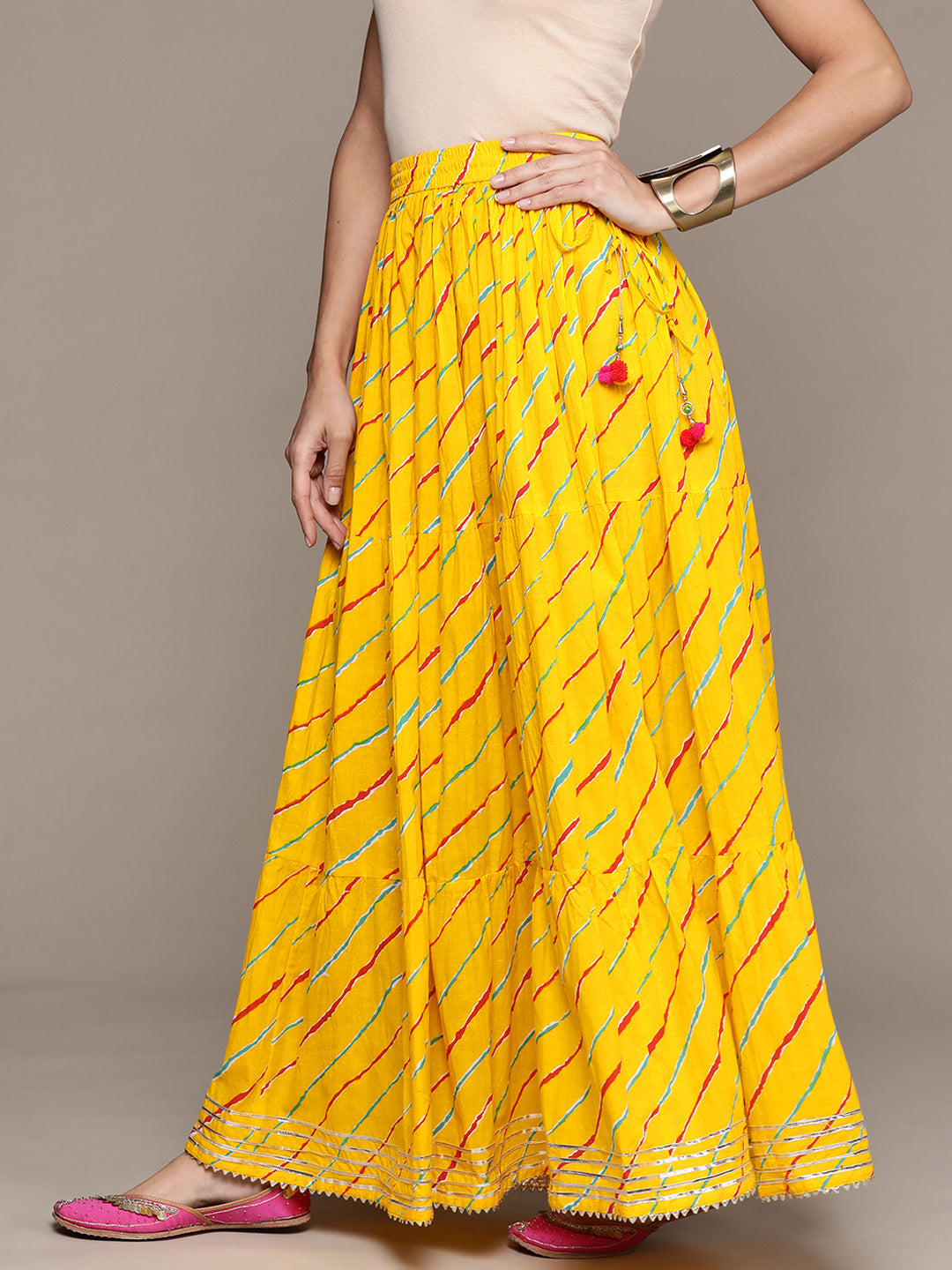 Ishin Women's Cotton Yellow Leheriya Flared Maxi Skirt