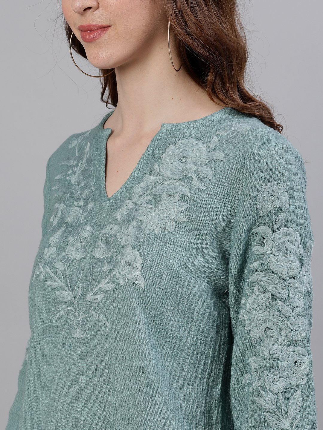 Ishin Women's Cotton Sea Green Embroidered Top 