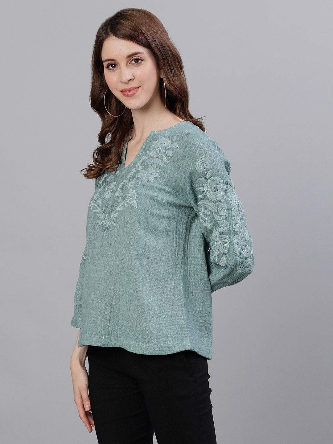 Ishin Women's Cotton Sea Green Embroidered Top 