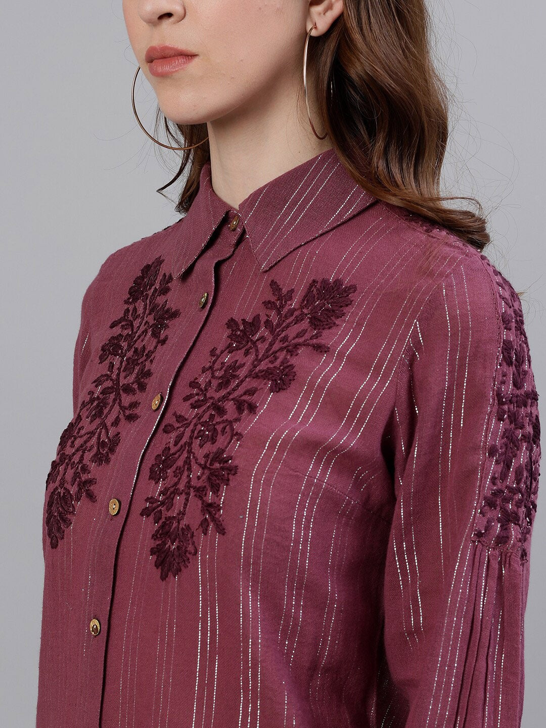 Ishin Women's Purple Floral Striped Embroidered Shirt Style Top