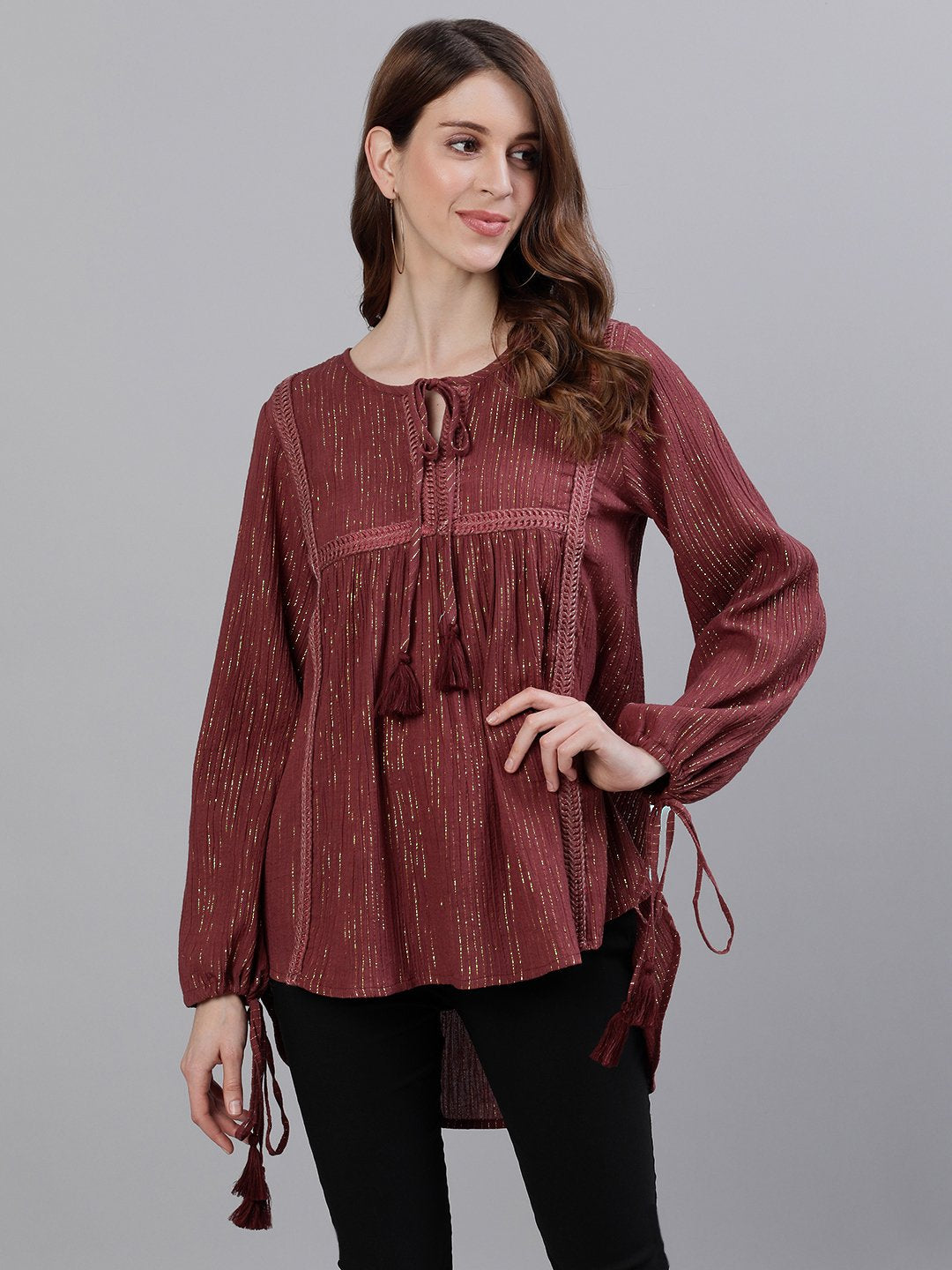 Ishin Women's Cotton Maroon Lurex Embroidered Top