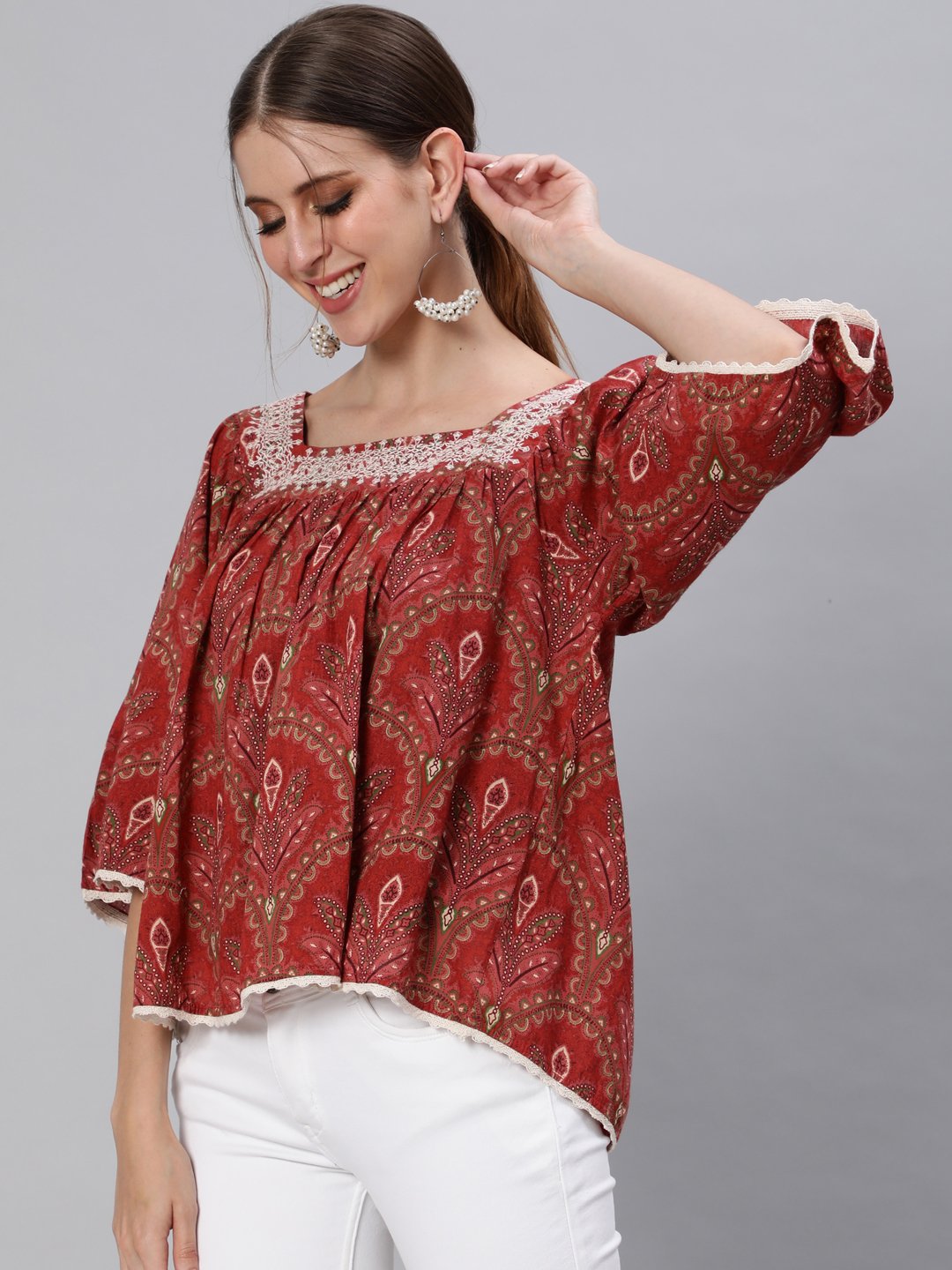 Ishin Women's Cotton Rust Brown Embroidered A-Line Top