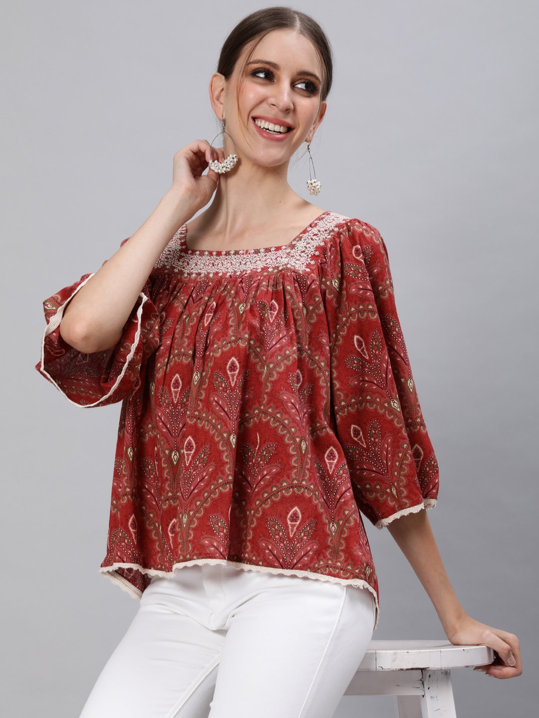 Ishin Women's Cotton Rust Brown Embroidered A-Line Top