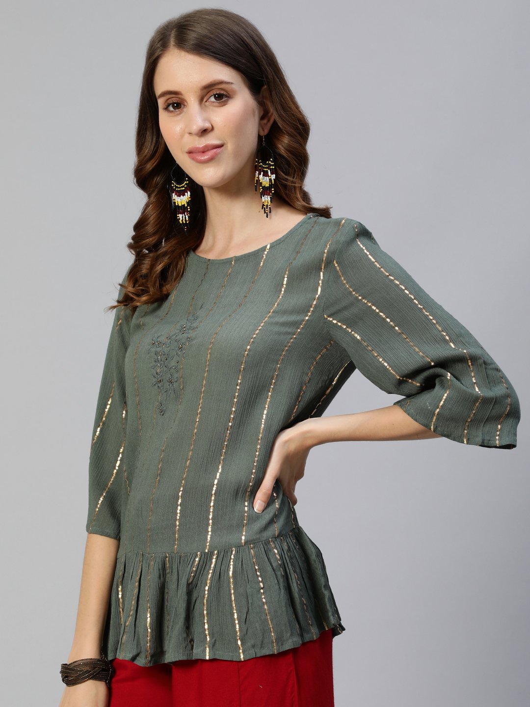 Ishin Women's Rayon Green Lurex Embroidered A-Line Top