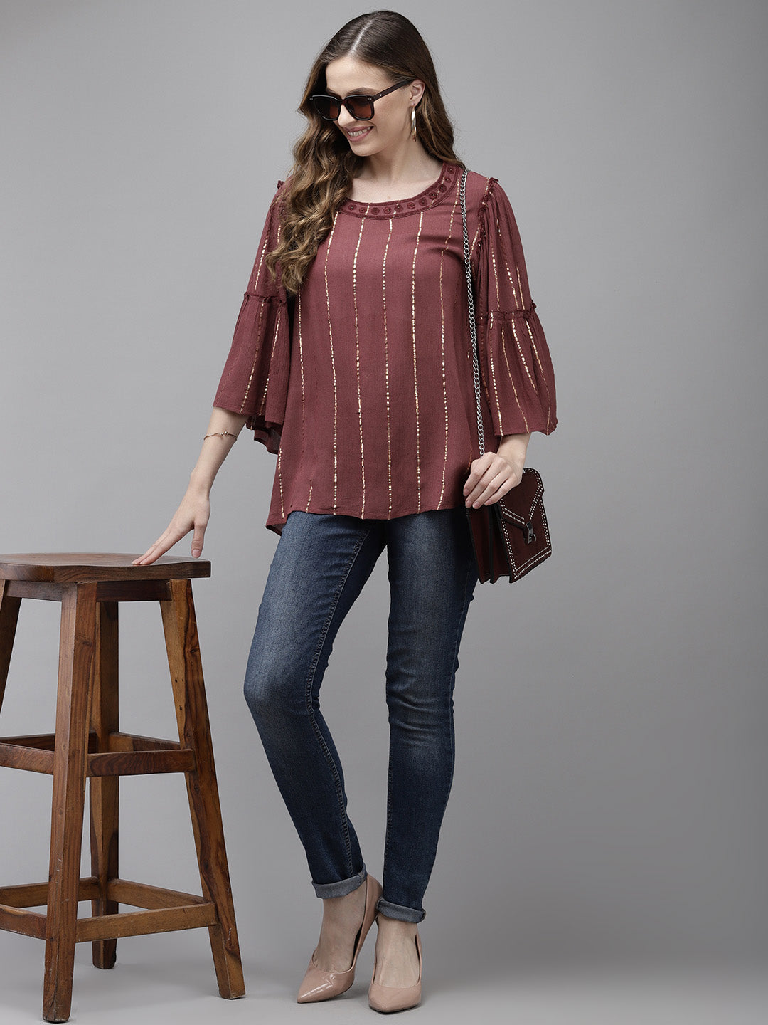 Ishin Women's Maroon Striped Flared Sleeve Top