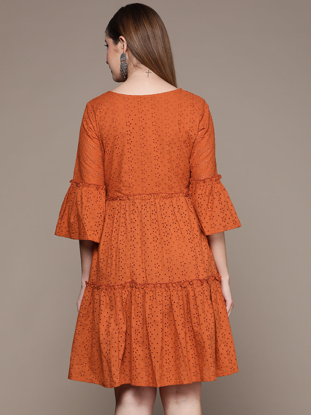 Ishin Women's Orange Schiffli Tiered Dress