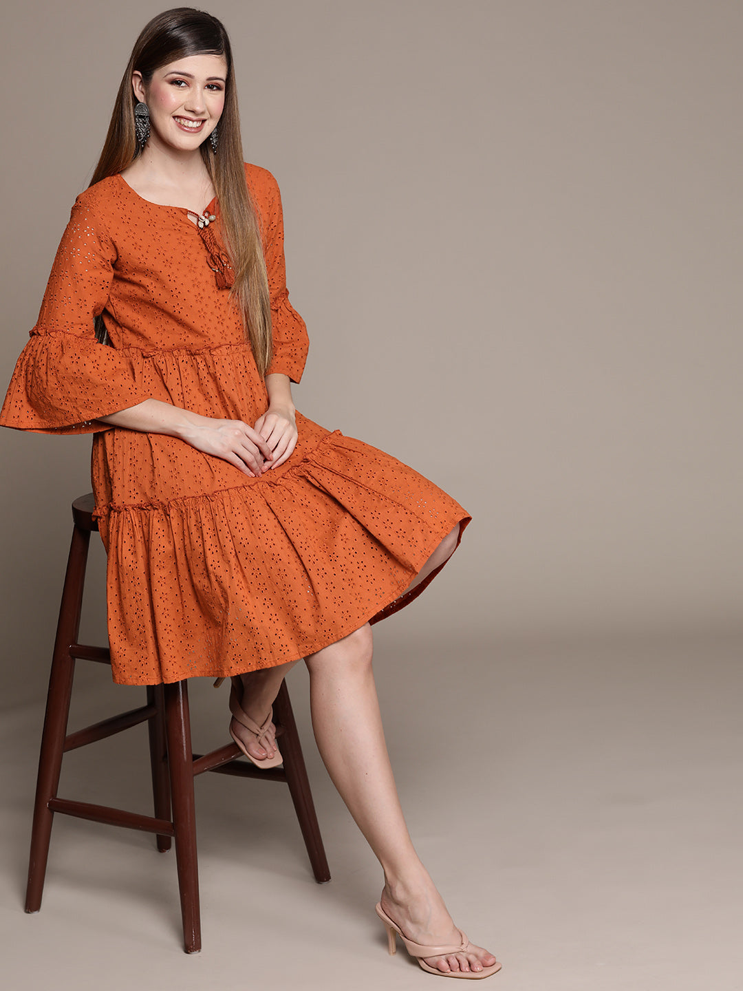 Ishin Women's Orange Schiffli Tiered Dress