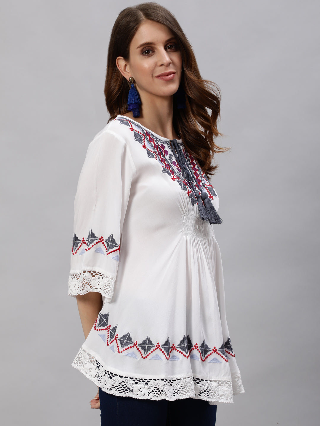 Ishin Women's Rayon White Embroidered A-Line Top