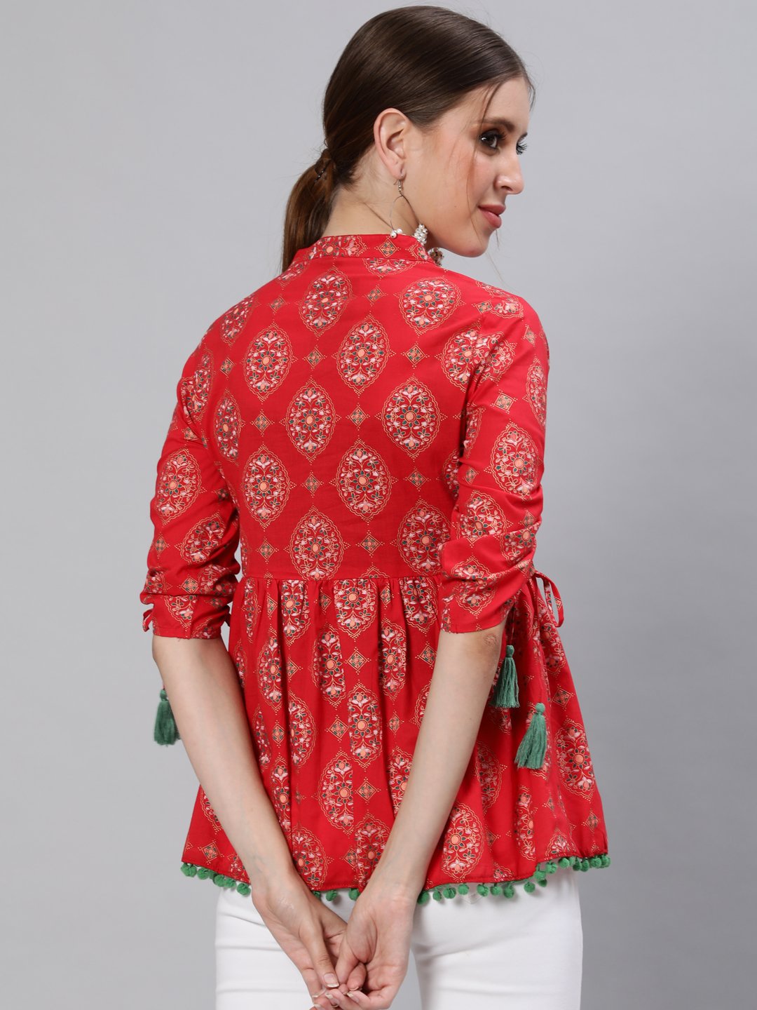 Ishin Women's Cotton Red Floral Printed A-Line Top