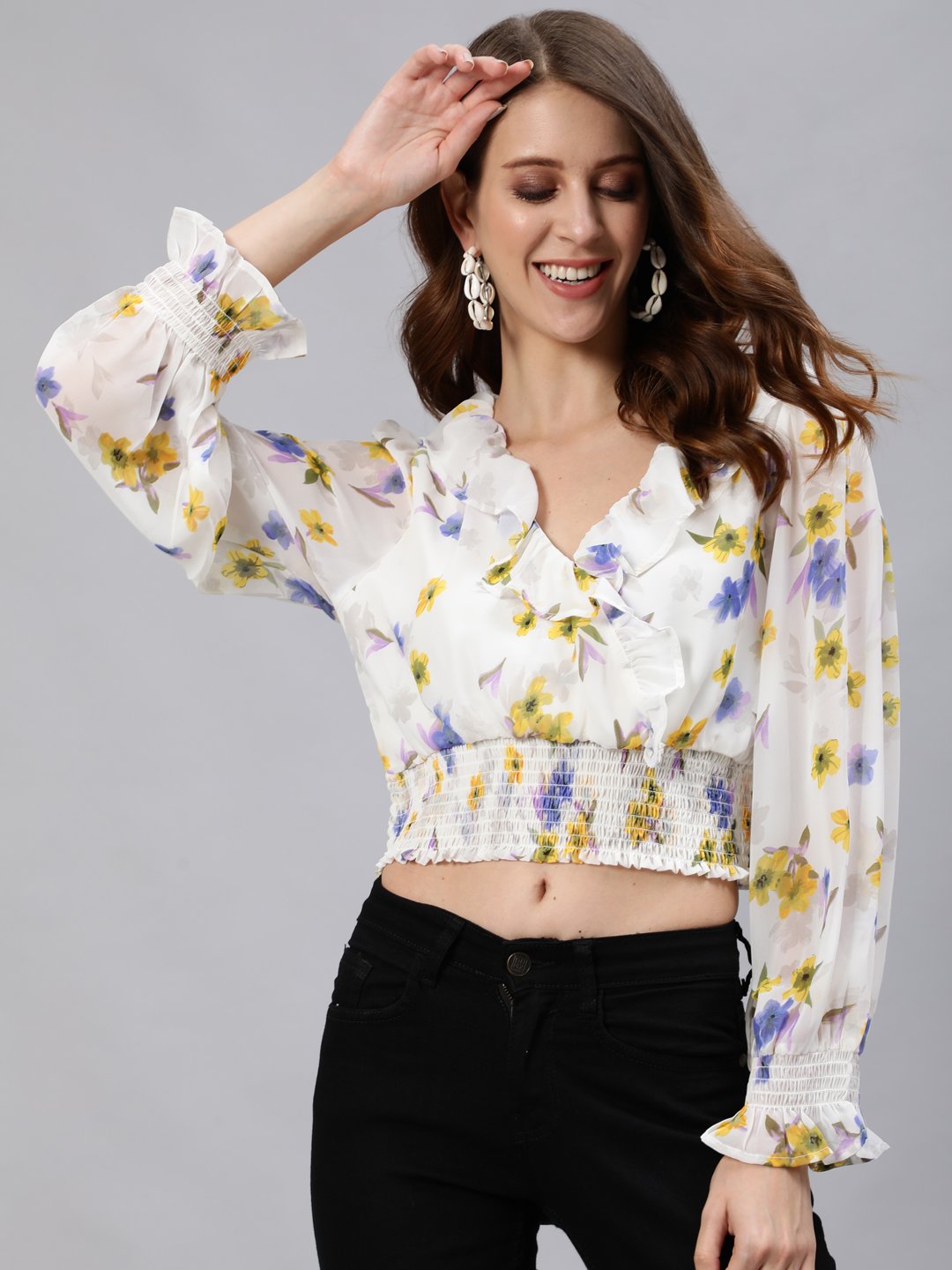 Ishin Women's Offwhite Floral Blouson Crop Top