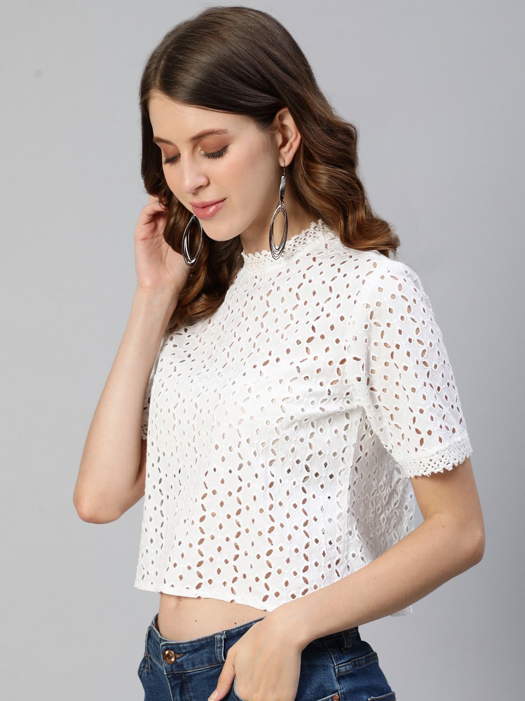 Ishin Women's White Pure Cotton Sciffli Embroidered Crop Top