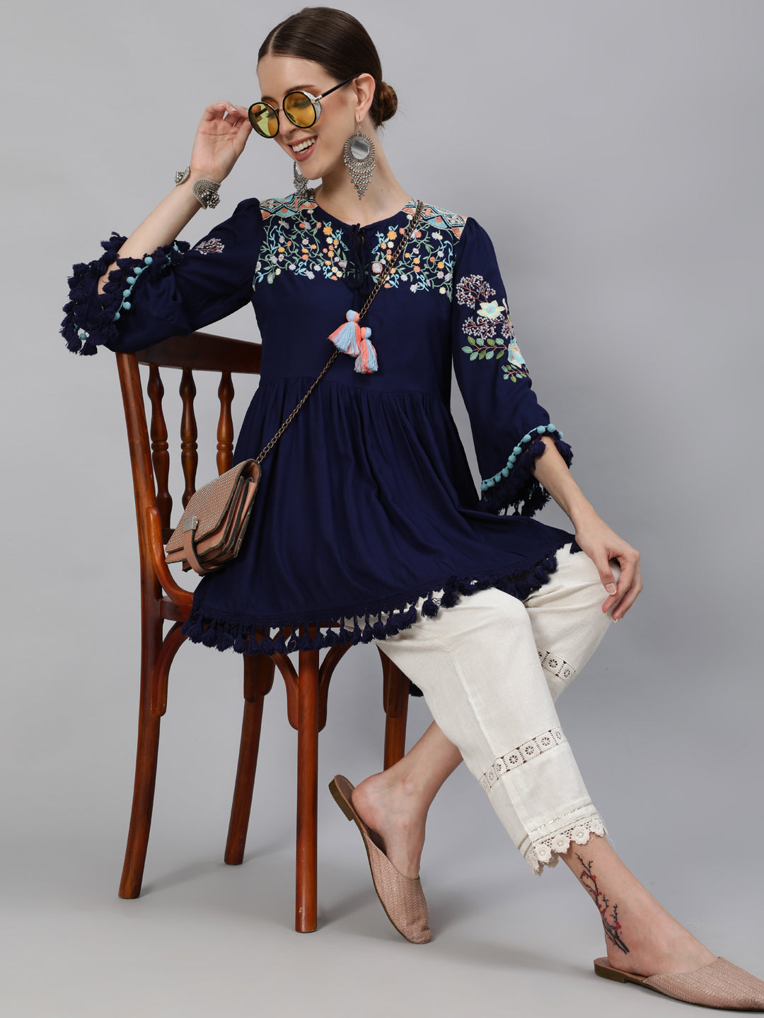 Ishin Women's Rayon Navy Blue Embroidered A-Line Top