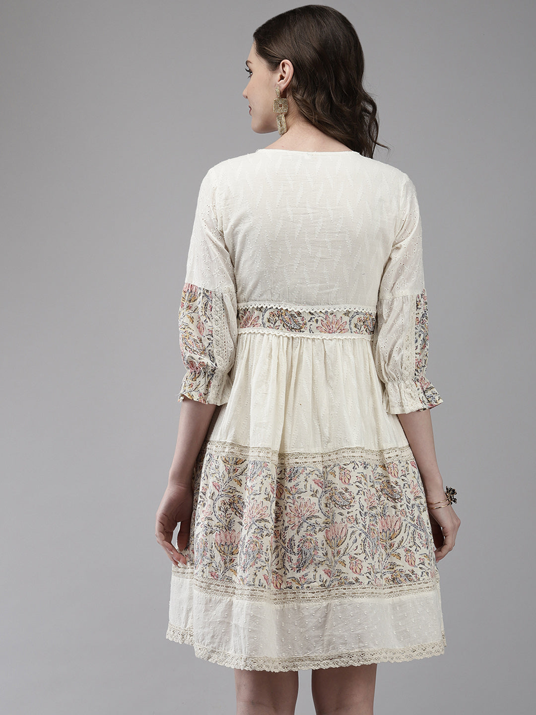 Ishin Women's Cotton Off White Embroidered A-Line Dress