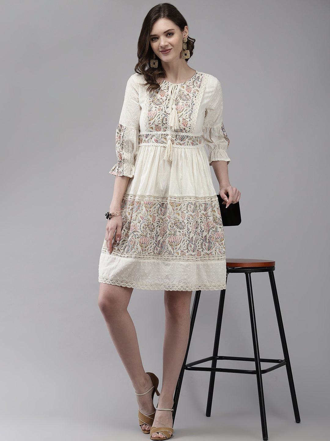 Ishin Women's Cotton Off White Embroidered A-Line Dress