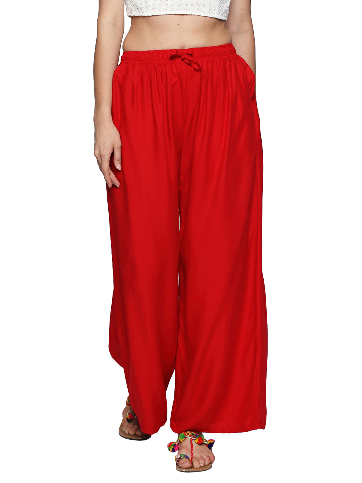 Ishin Rayon Red Solid Flared Women's Palazzo