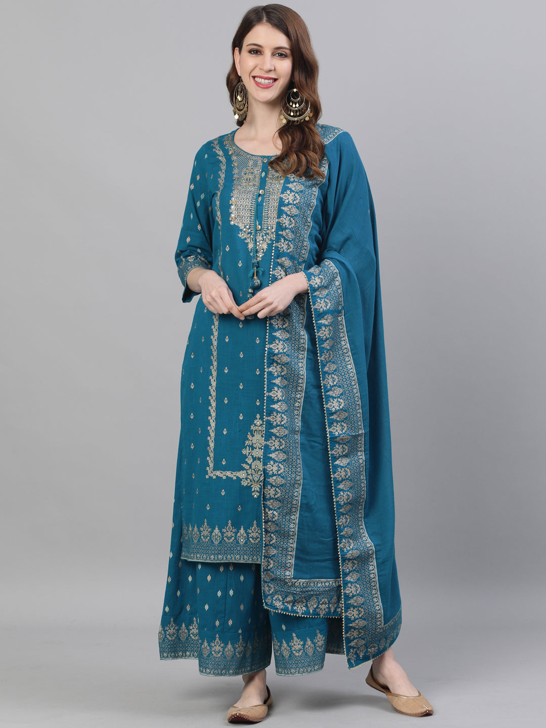 Ishin Women's Cotton Teal Yoke Design A-Line Kurta Sharara Dupatta Set