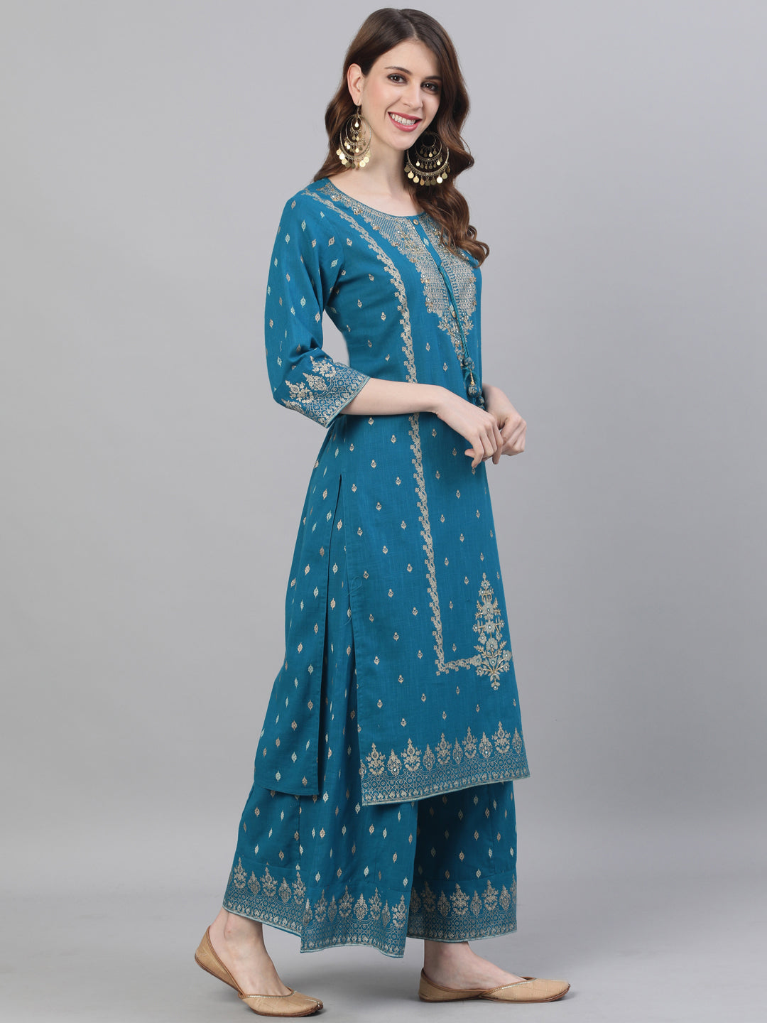 Rich Cotton Printed Teal Embellished Ethnic Motif Kurta Set with Flared Bottom and Sequin Embroidered Dupatta