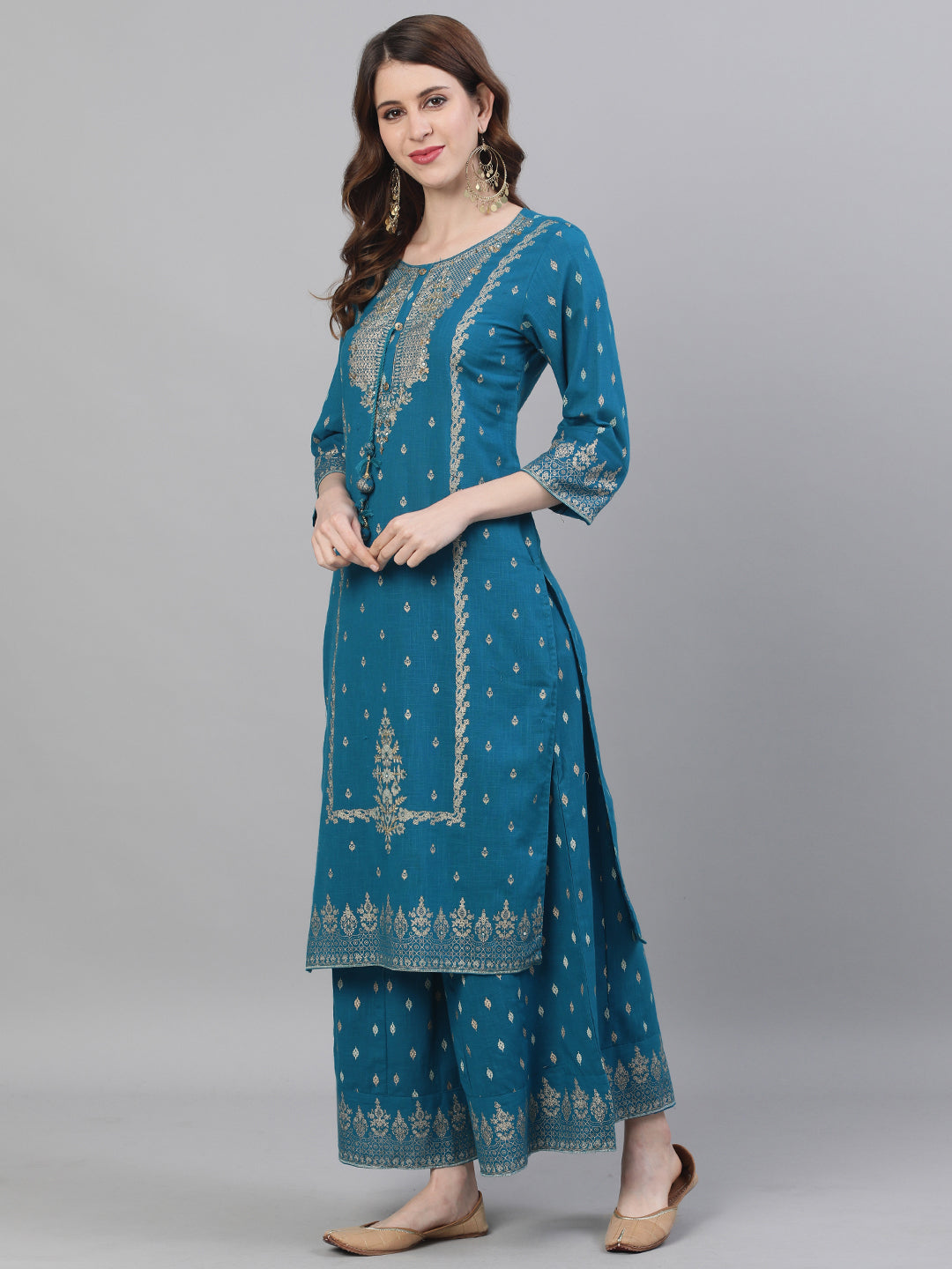 Rich Cotton Printed Teal Embellished Ethnic Motif Kurta Set with Flared Bottom and Sequin Embroidered Dupatta