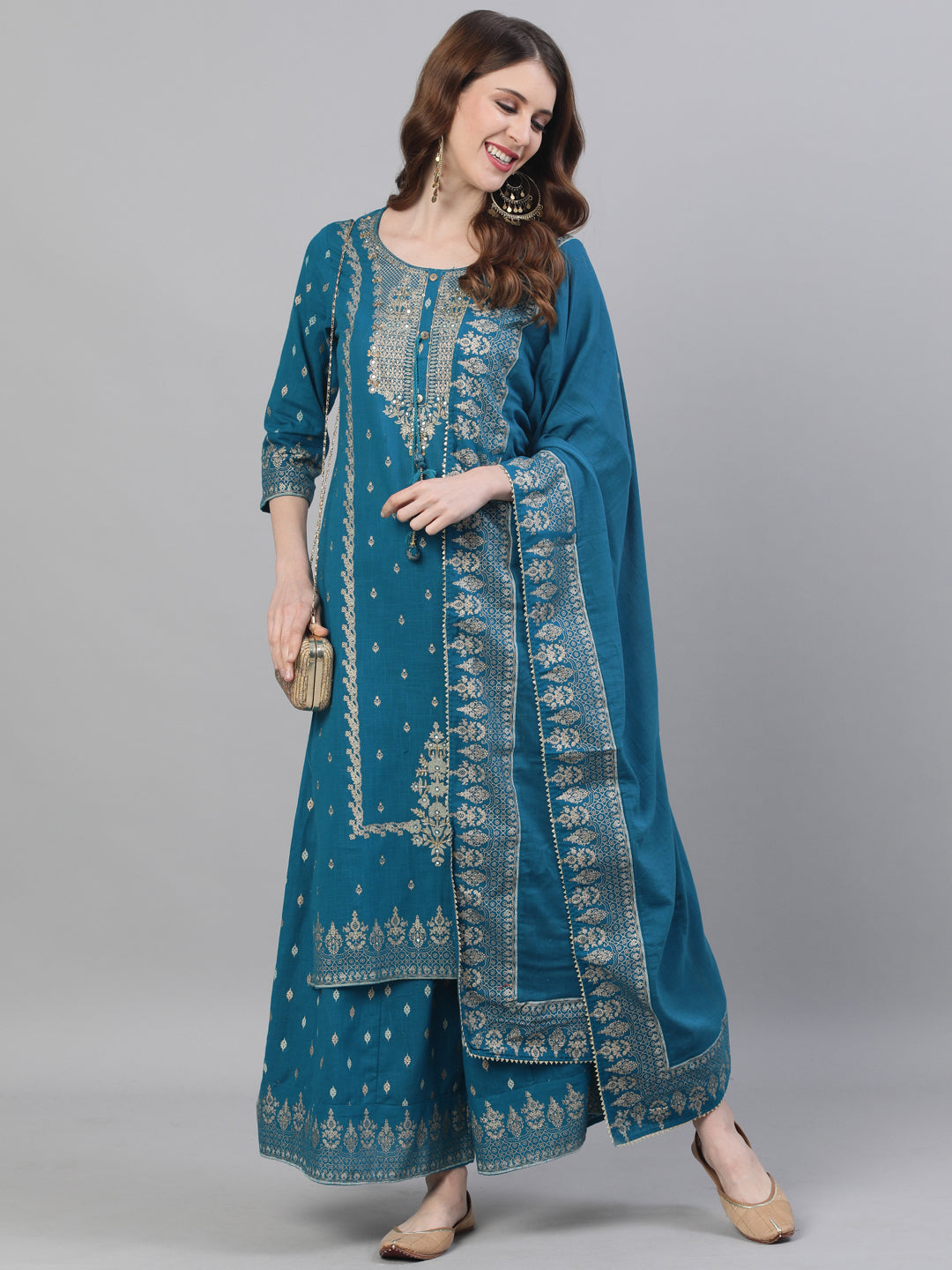 Rich Cotton Printed Teal Embellished Ethnic Motif Kurta Set with Flared Bottom and Sequin Embroidered Dupatta