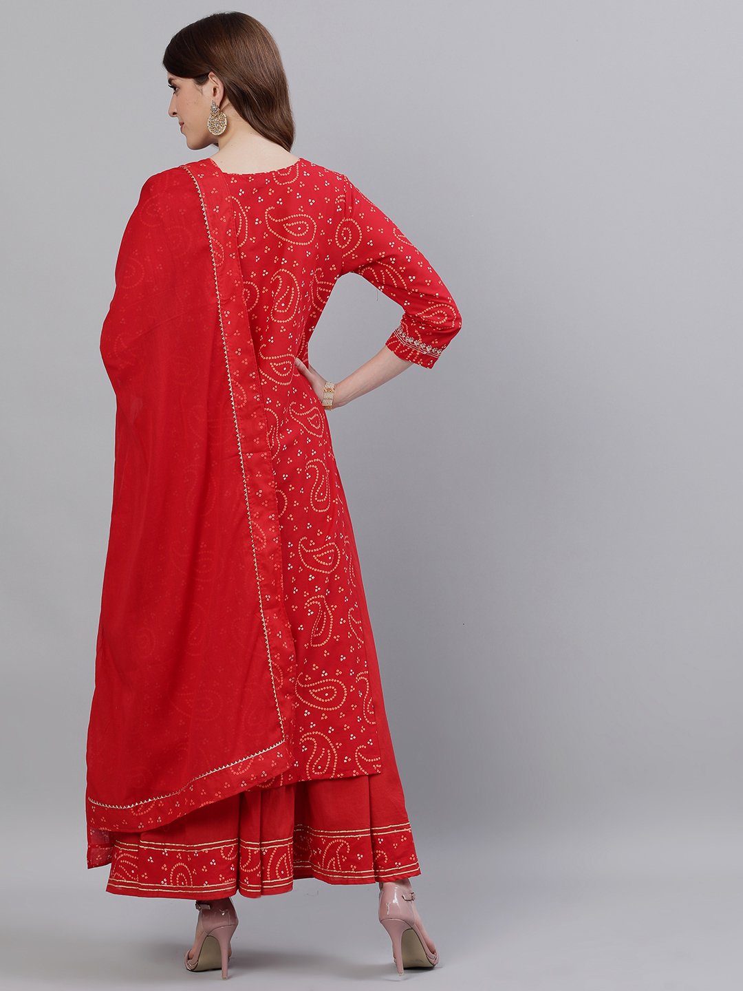 Ishin Women's Cotton Red Bandhani Embroidered A-Line Kurta Sharara Dupattta Set