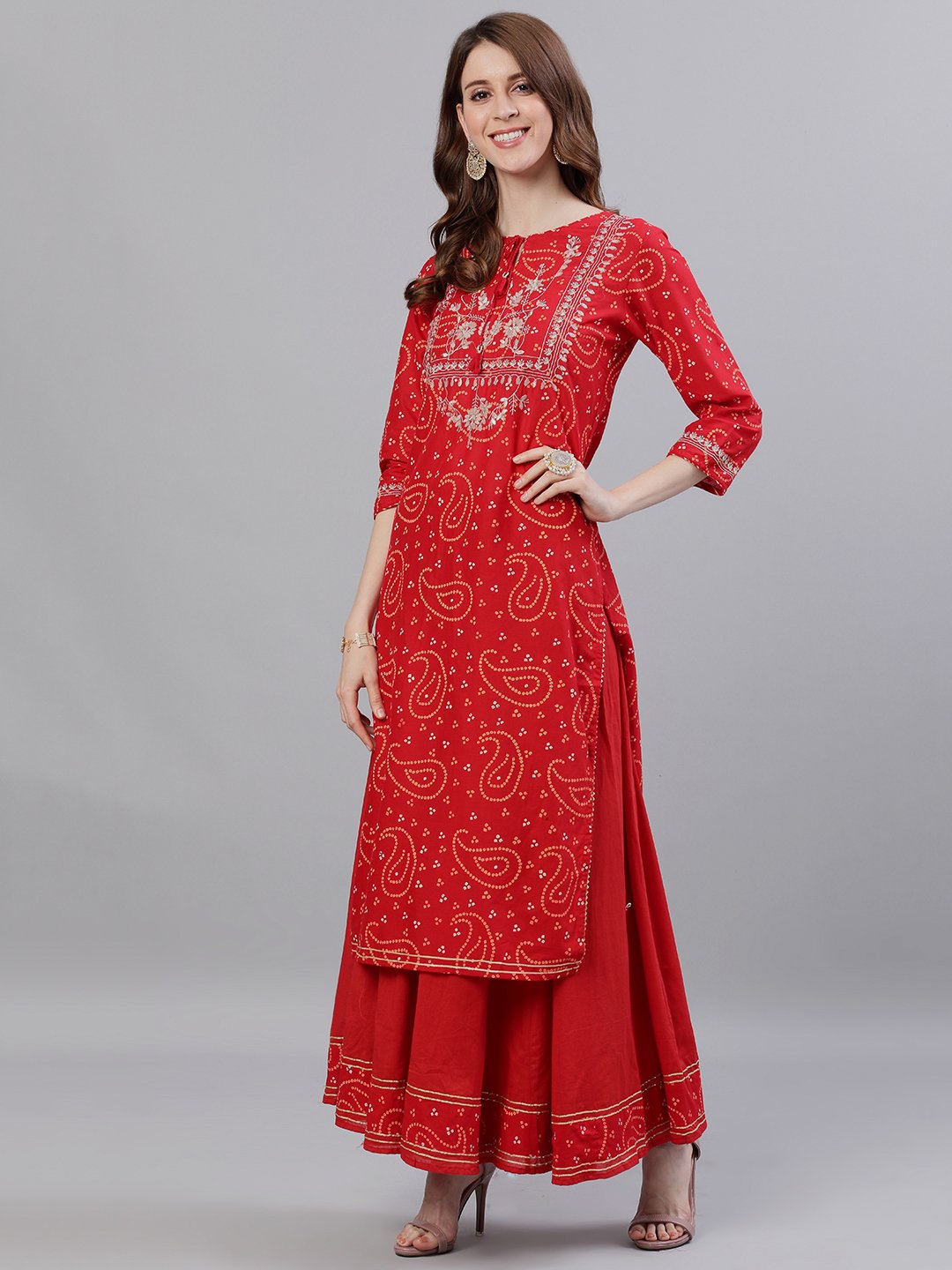 Ishin Women's Cotton Red Bandhani Embroidered A-Line Kurta Sharara Dupattta Set