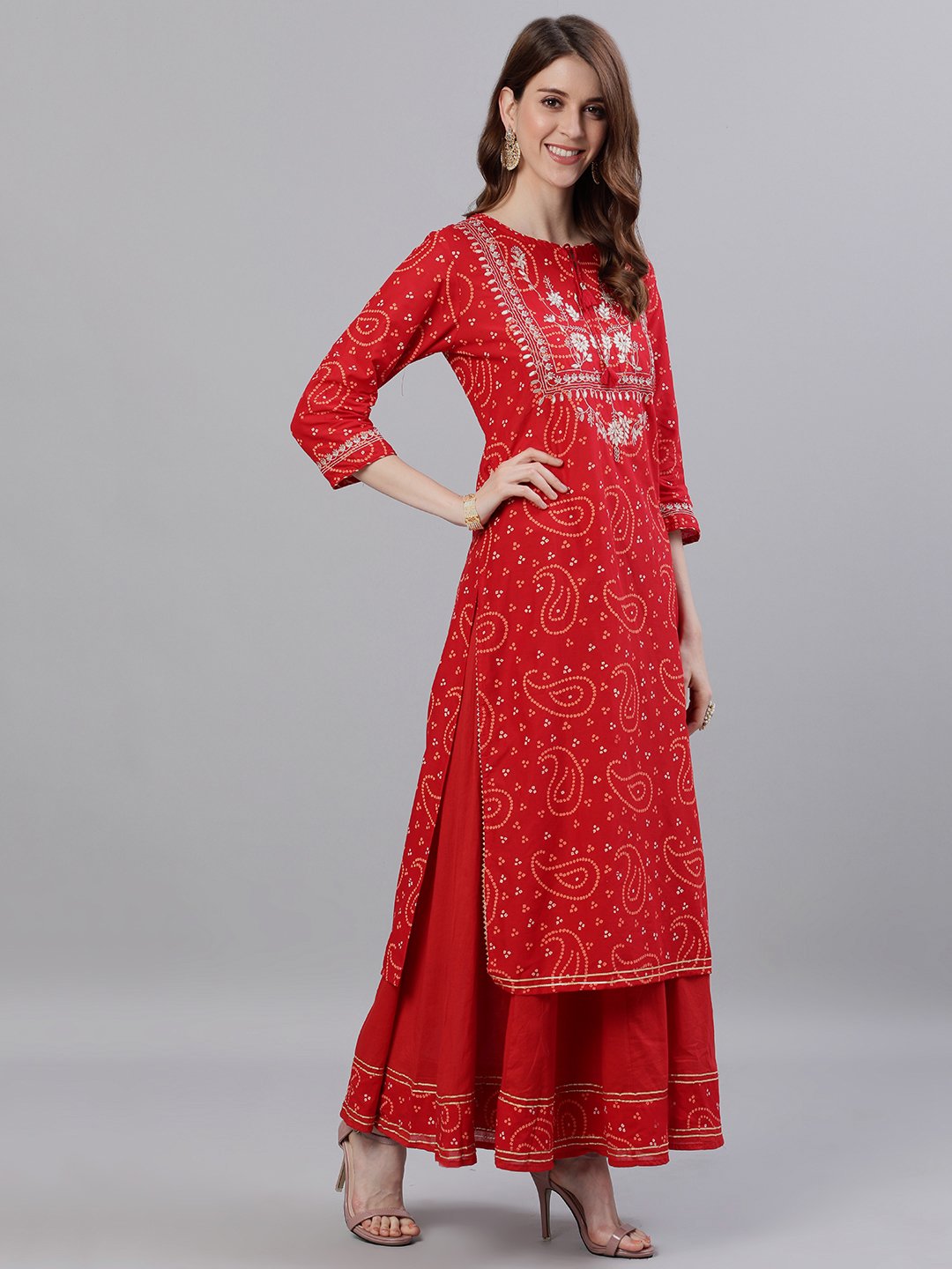 Ishin Women's Cotton Red Bandhani Embroidered A-Line Kurta Sharara Dupattta Set