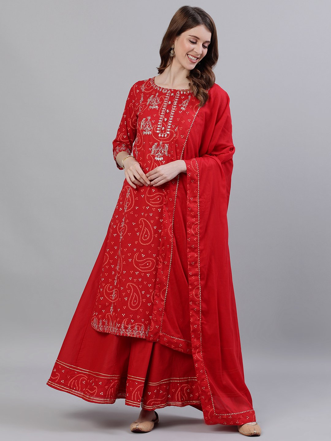 Ishin Women's Cotton Red Bandhani Embroidered A-Line Kurta Sharara Dupattta Set