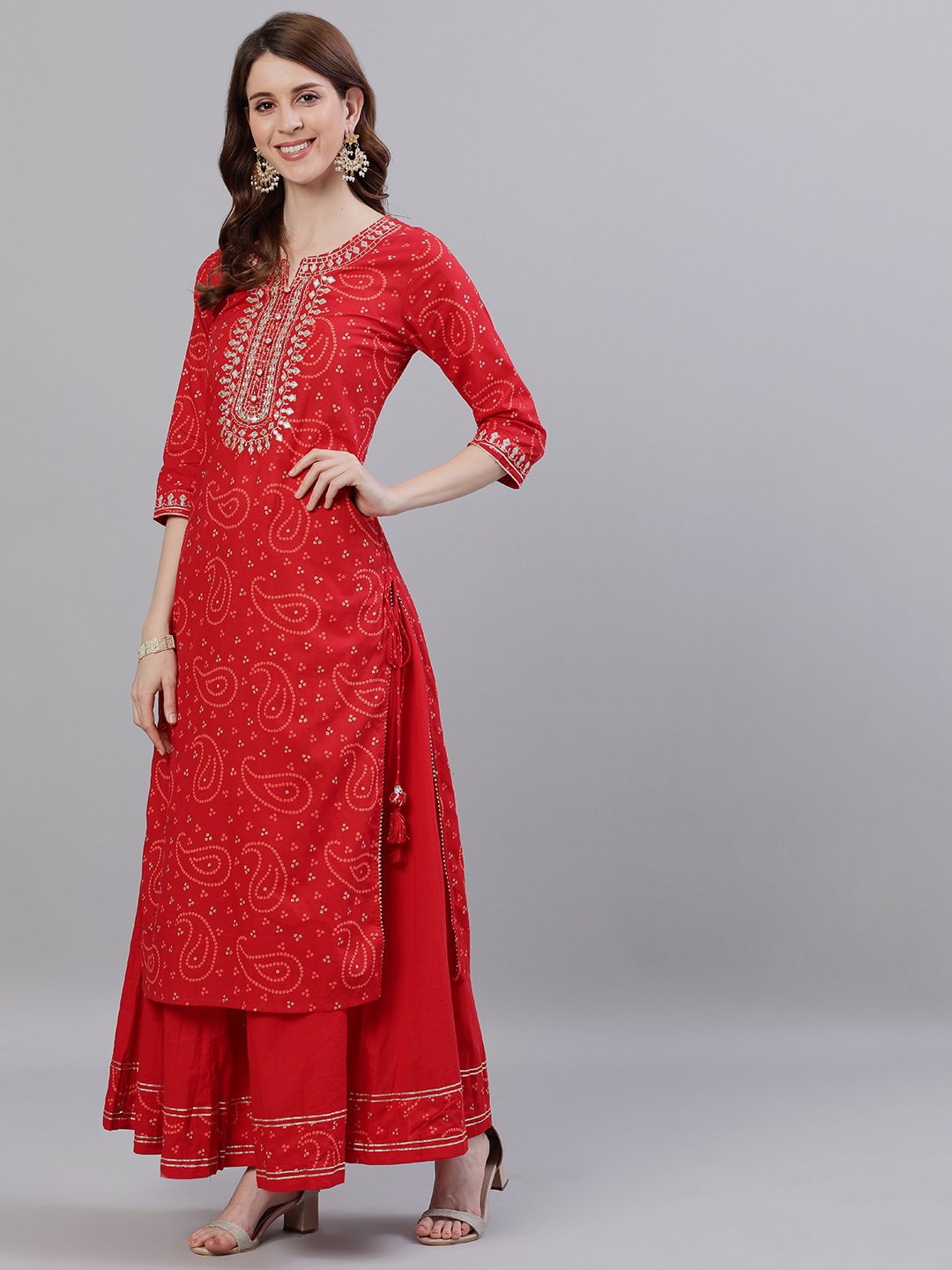 Comfy Cotton Embroidered Zari Red Bandhani Straight Kurta Set Sharara Bottom and Taping Border Dupatta