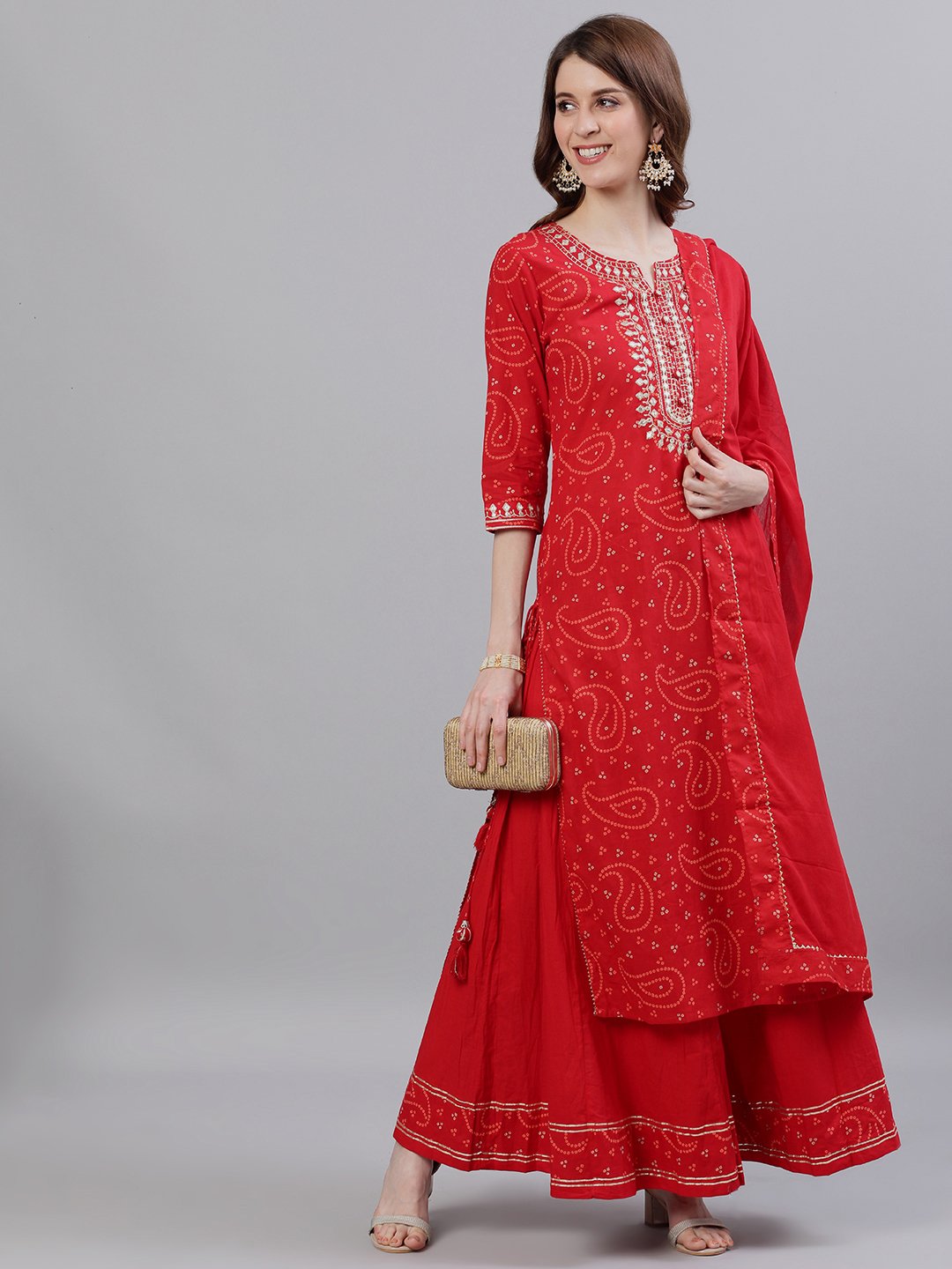 Comfy Cotton Embroidered Zari Red Bandhani Straight Kurta Set Sharara Bottom and Taping Border Dupatta