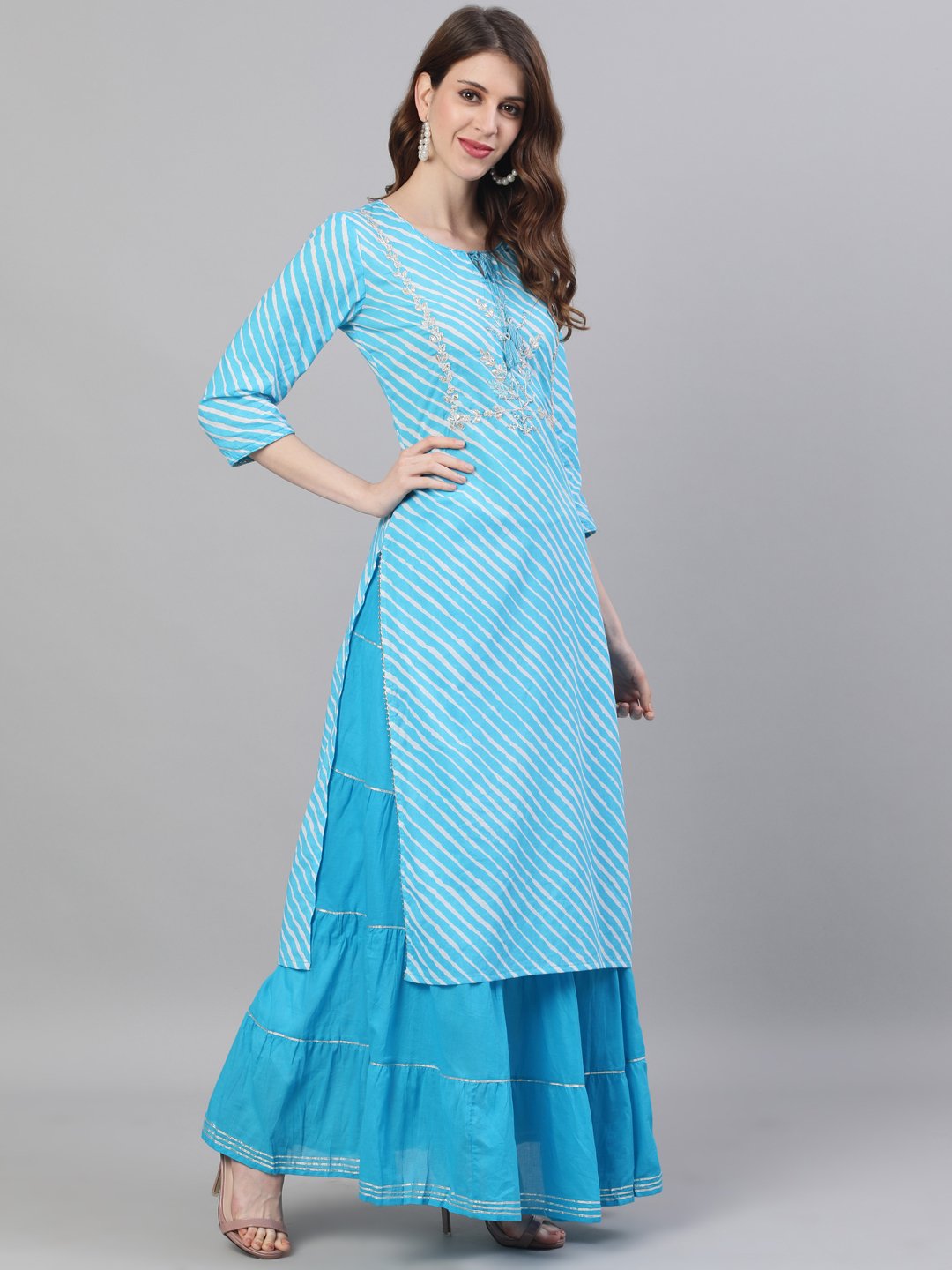 Cyan Blue Leheriya Kurta-Skirt Set