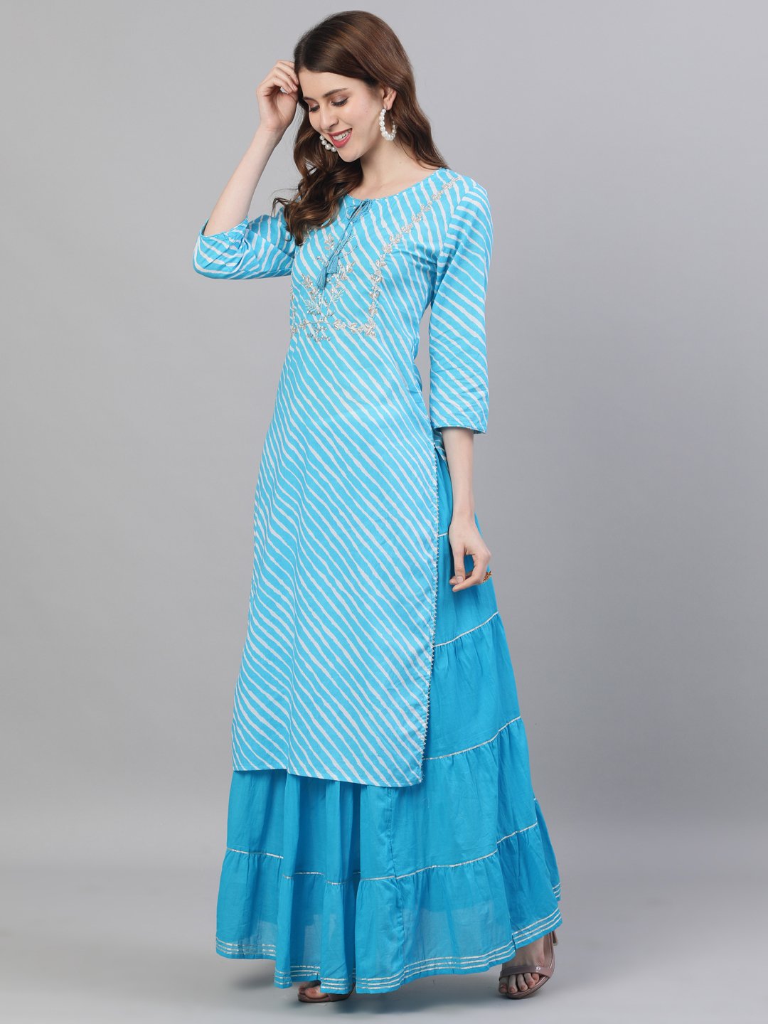 Cyan Blue Leheriya Kurta-Skirt Set