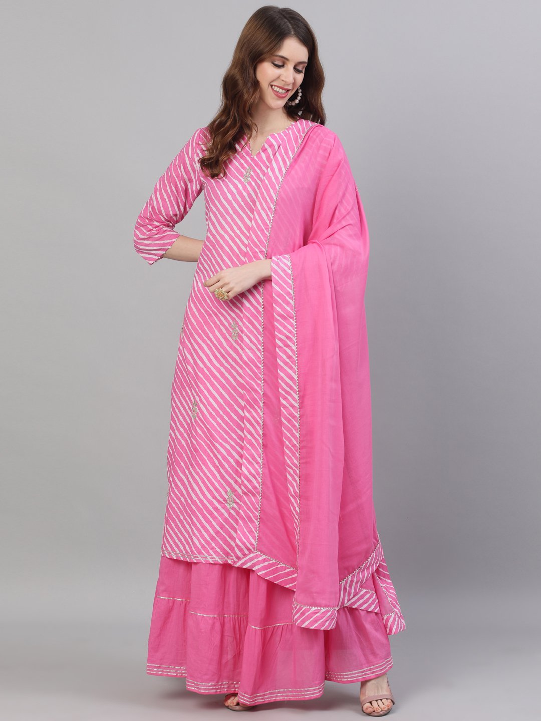 Ishin Women's Cotton Pink Leheriya Embroidered A-Line Kurta Skirt Dupatta Set