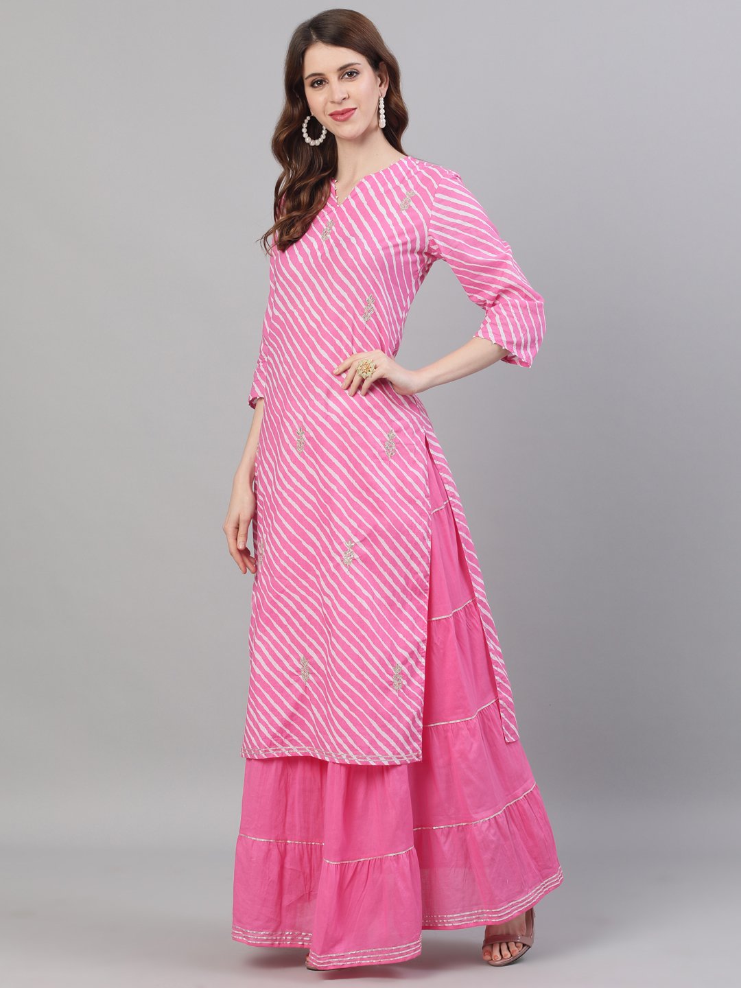 Ishin Women's Cotton Pink Leheriya Embroidered A-Line Kurta Skirt Dupatta Set