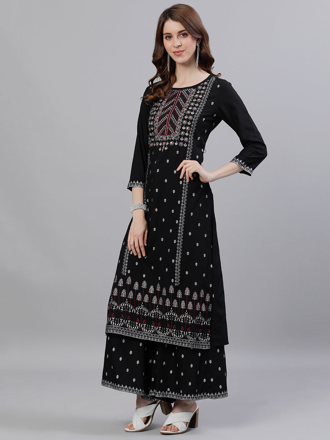 Ishin Women's Rayon Black Embroidered A-Line Kurta Palazzo Dupatta Set