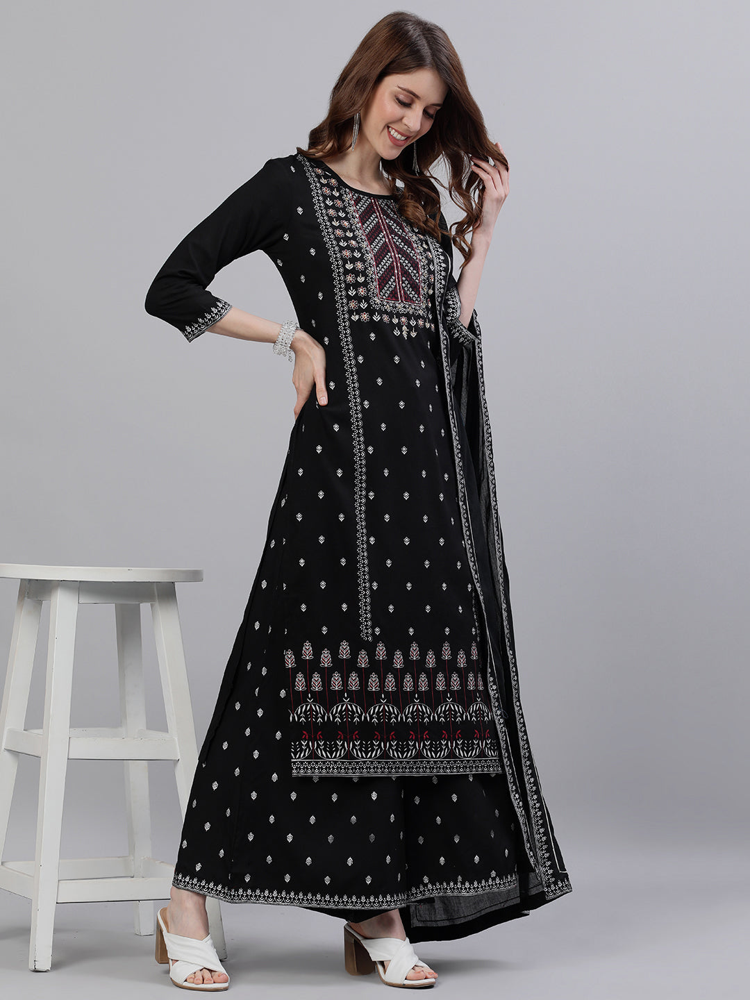 Ishin Women's Rayon Black Embroidered A-Line Kurta Palazzo Dupatta Set