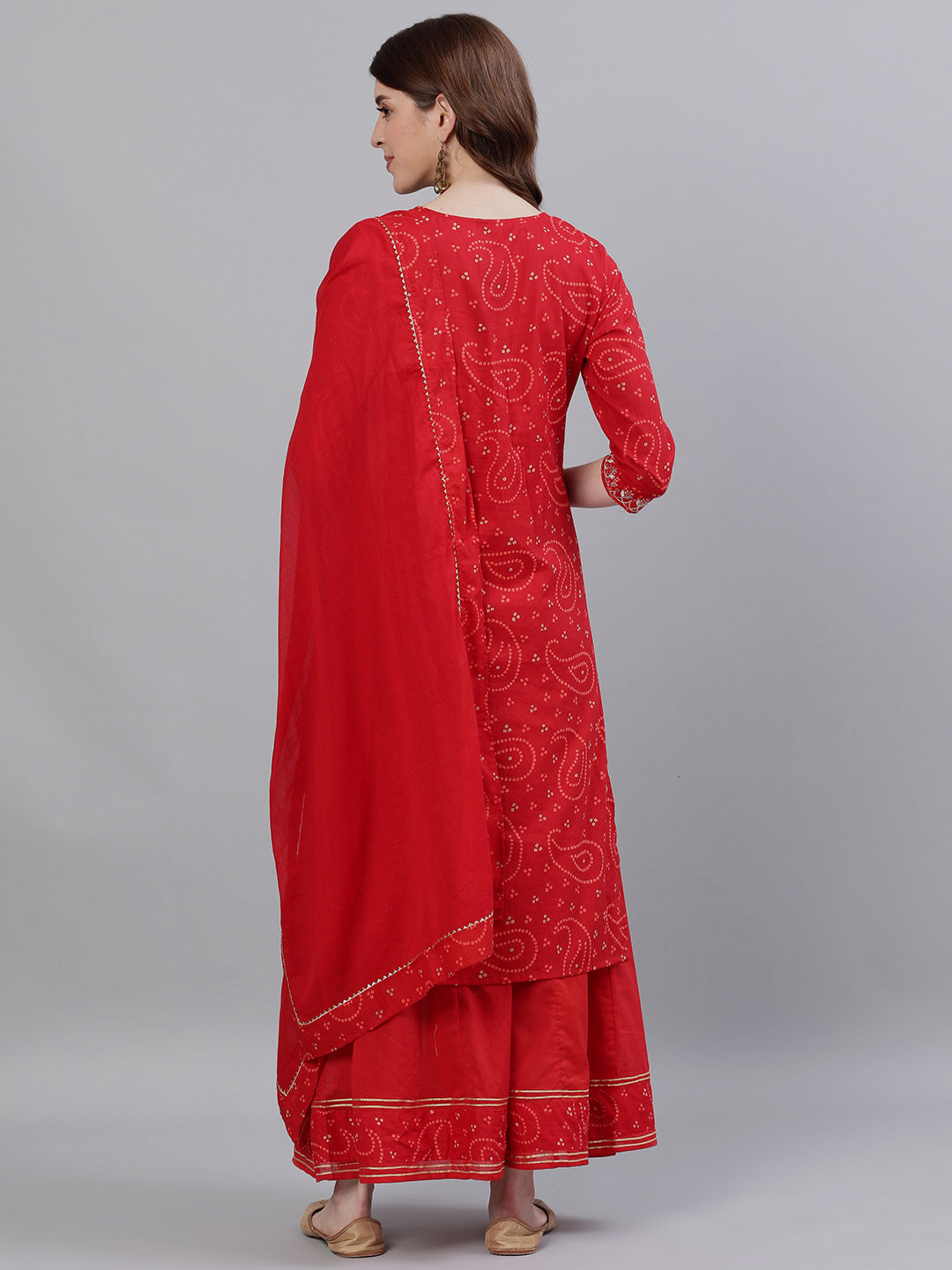 Ishin Women's Cotton Red Bandhani Embroidered A-Line Kurta Sharara Dupattta Set