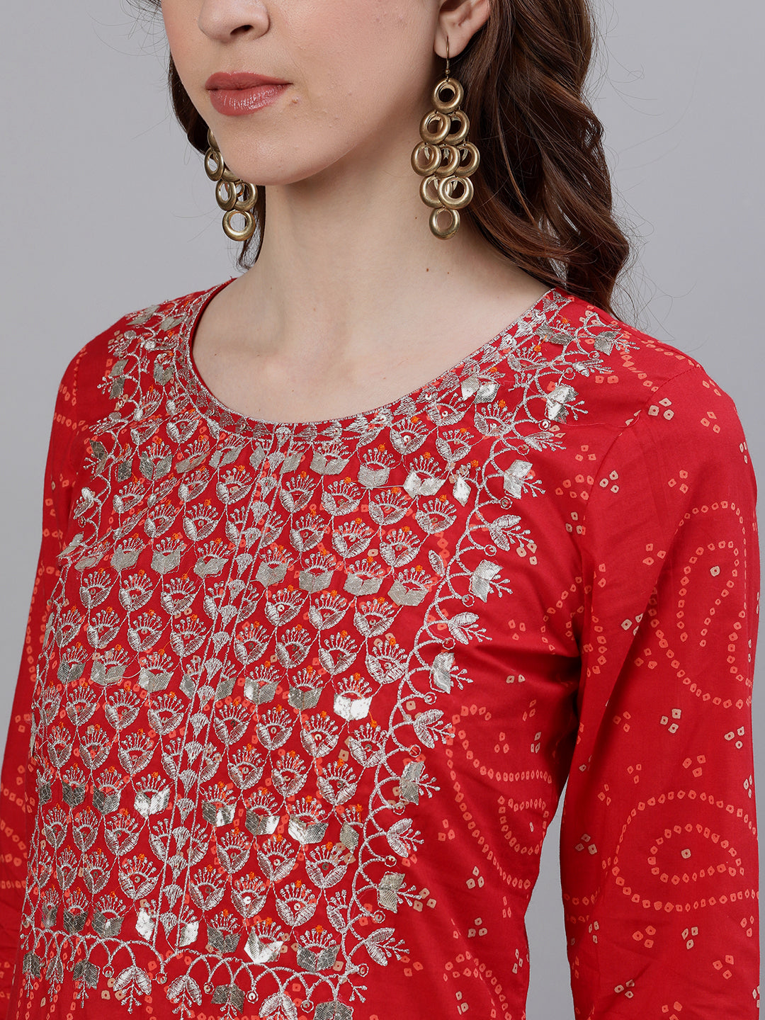 Ishin Women's Cotton Red Bandhani Embroidered A-Line Kurta Sharara Dupattta Set