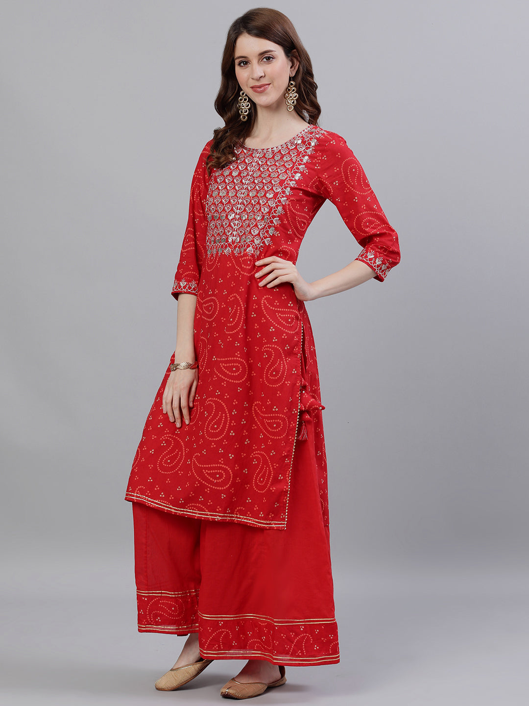 Ishin Women's Cotton Red Bandhani Embroidered A-Line Kurta Sharara Dupattta Set