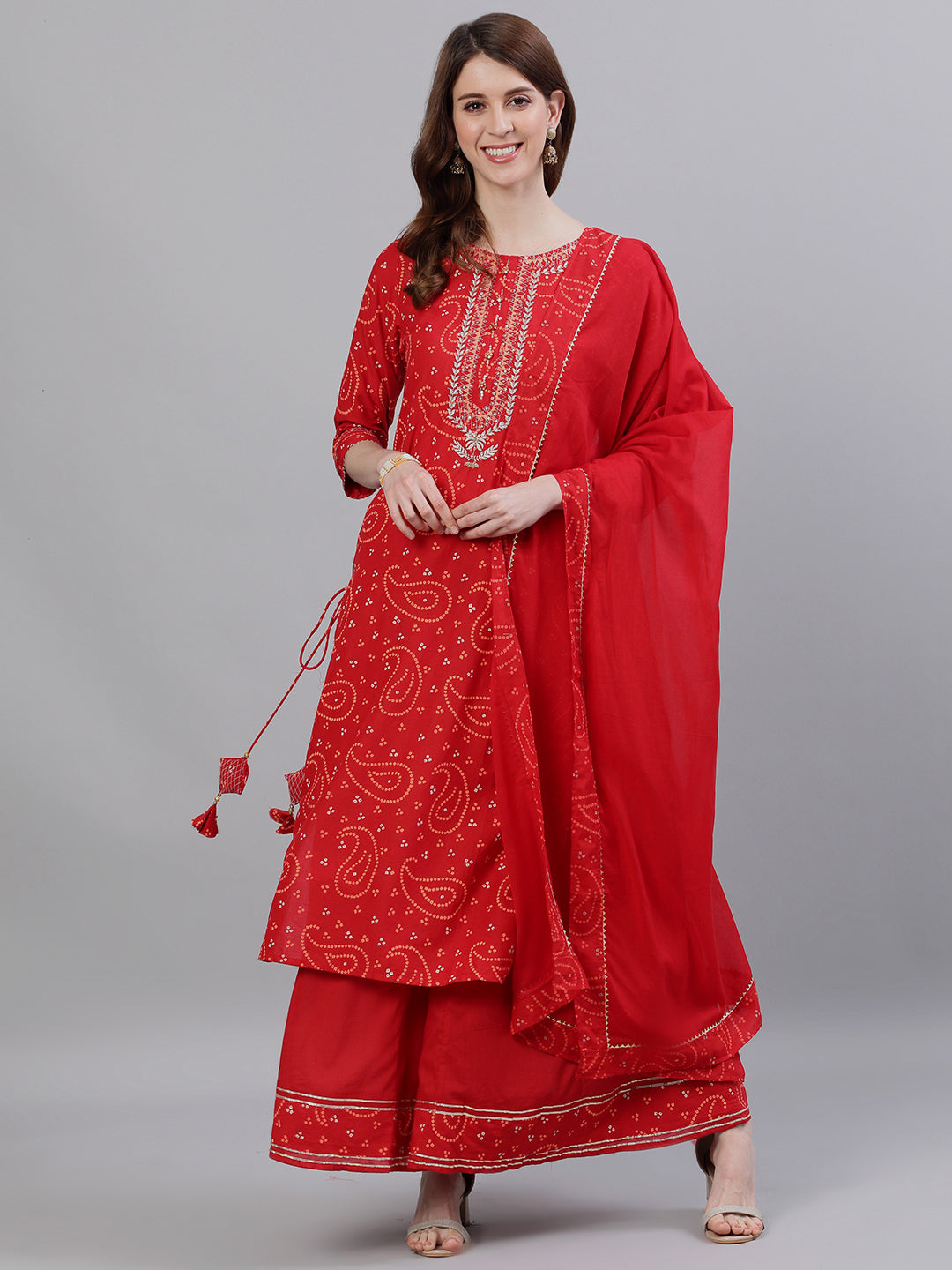 Ishin Women's Cotton Red Bandhani Embroidered A-Line Kurta Sharara Dupattta Set