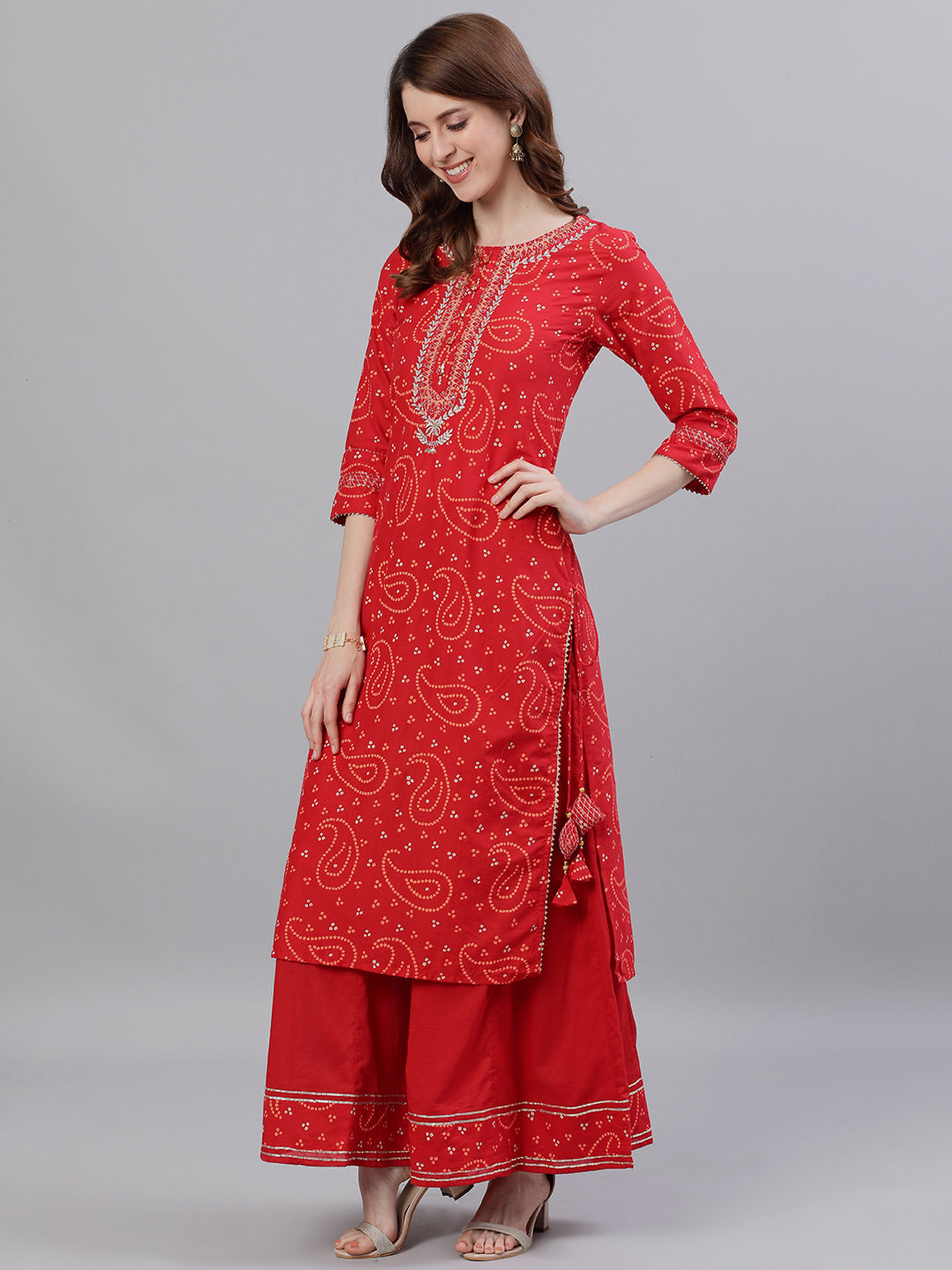 Ishin Women's Cotton Red Bandhani Embroidered A-Line Kurta Sharara Dupattta Set